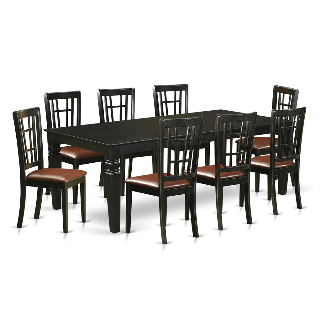 Juego de mesa y sillas de cocina East West Furniture LGNI9-BLK-LC de 9 piezas. Incluye una mesa de comedor rectangular con diseño de hojas de mariposa y 8 sillas tapizadas en piel sintética.