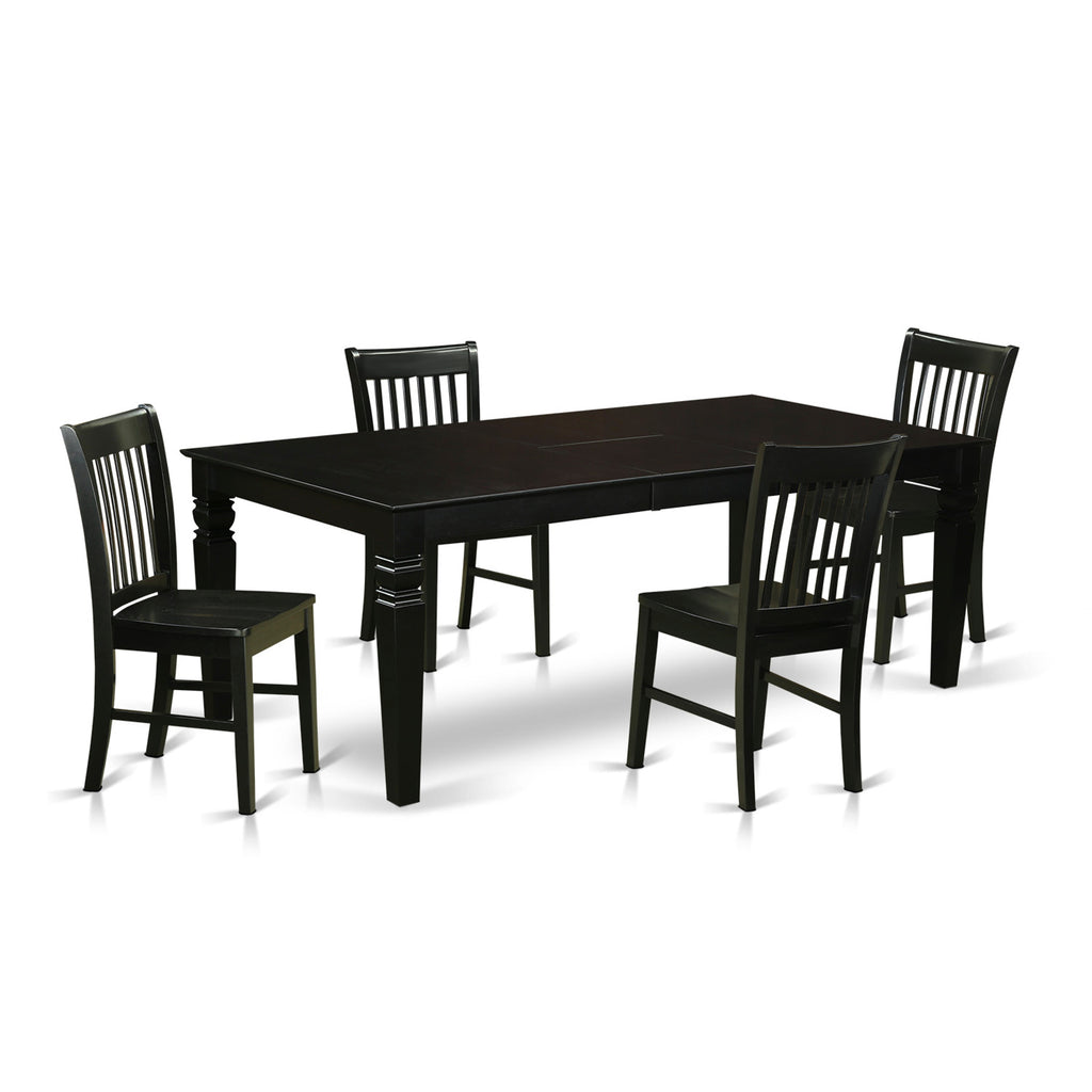 Juego de mesa y sillas de cocina de 5 piezas East West Furniture LGNO5-BLK-W. Incluye una mesa de comedor rectangular con diseño de hojas de mariposa y 4 sillas de comedor.