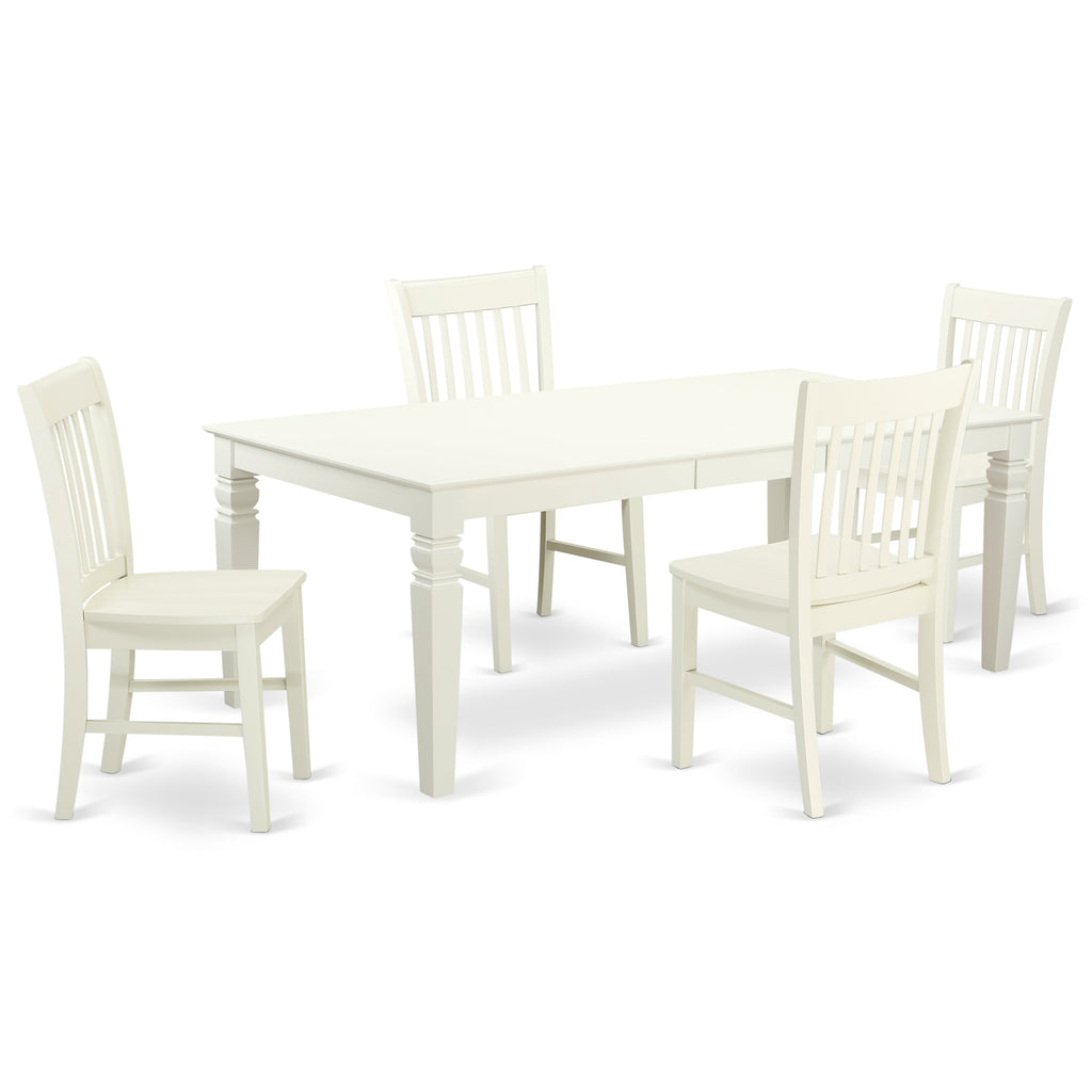 El juego de mesa de comedor moderno de 5 piezas East West Furniture LGNO5-LWH-W incluye una mesa rectangular de madera con diseño de hojas de mariposa y 4 sillas de comedor.