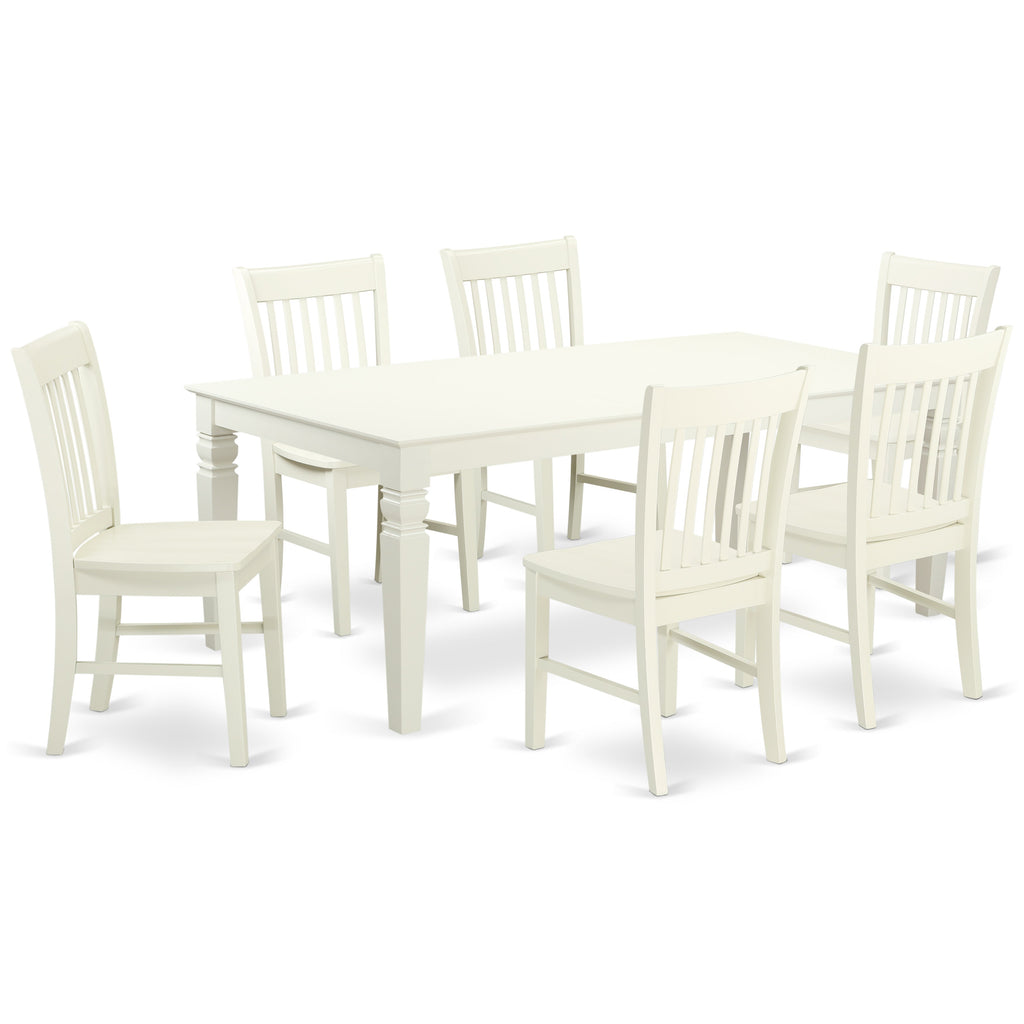 Juego de mesa de comedor East West Furniture LGNO7-LWH-W de 7 piezas compuesto por una mesa rectangular con hojas de mariposa y 6 sillas de madera.