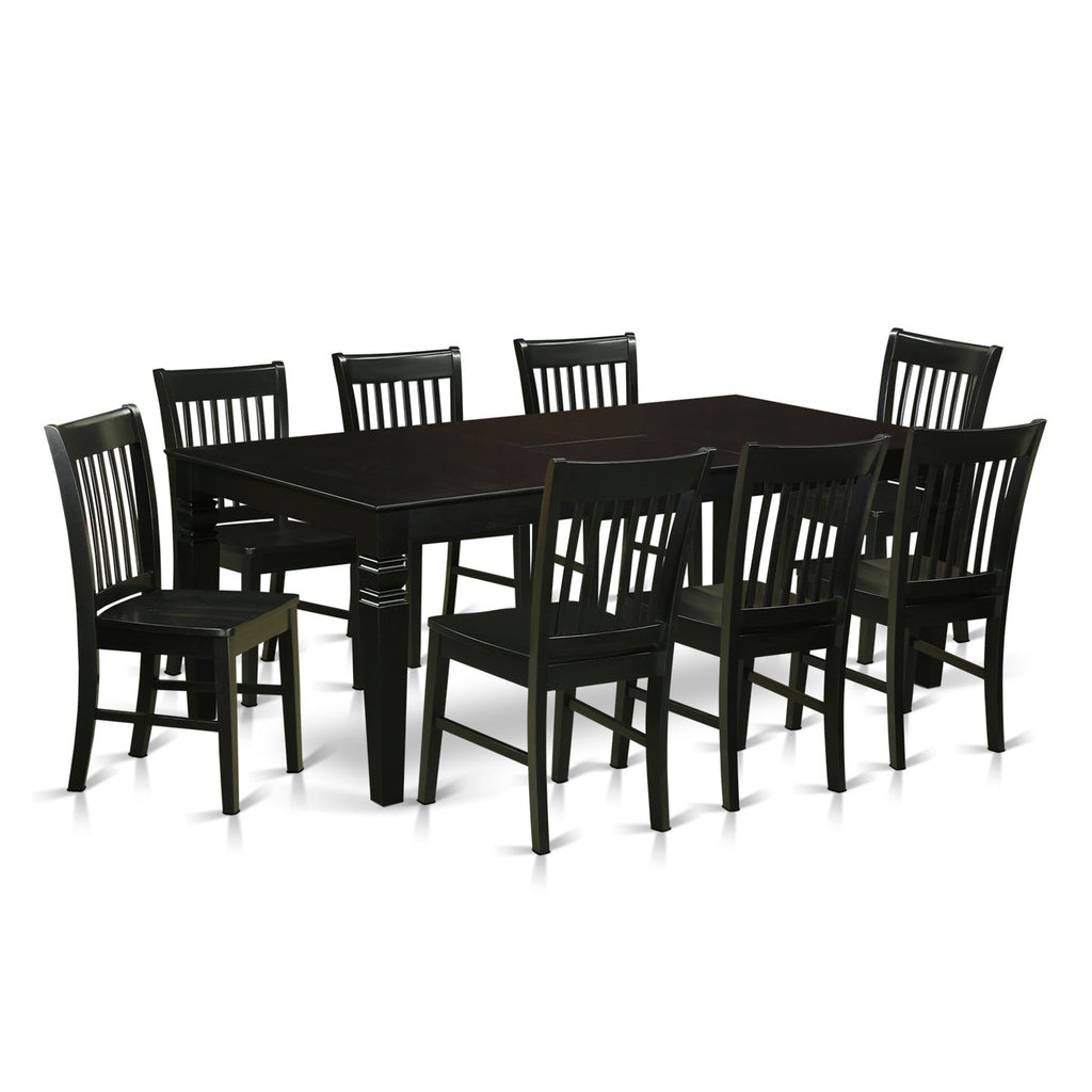 Juego de mesa y sillas de cocina East West Furniture LGNO9-BLK-W de 9 piezas. Incluye una mesa de comedor rectangular con diseño de hojas de mariposa y 8 sillas de comedor.