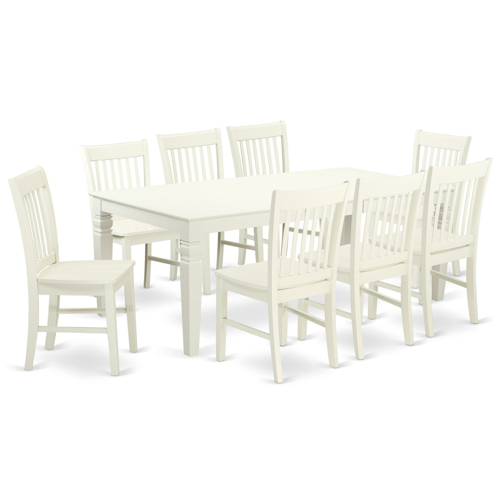 El juego de mesa de comedor East West Furniture LGNO9-LWH-W de 9 piezas incluye una mesa de comedor rectangular con diseño de hojas de mariposa y 8 sillas de comedor.