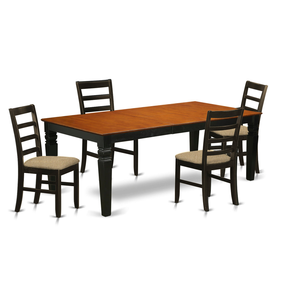 El juego de mesa de comedor moderno de 5 piezas East West Furniture LGPF5-BCH-C incluye una mesa rectangular de madera con diseño de hojas de mariposa y 4 sillas de comedor de tela de lino.
