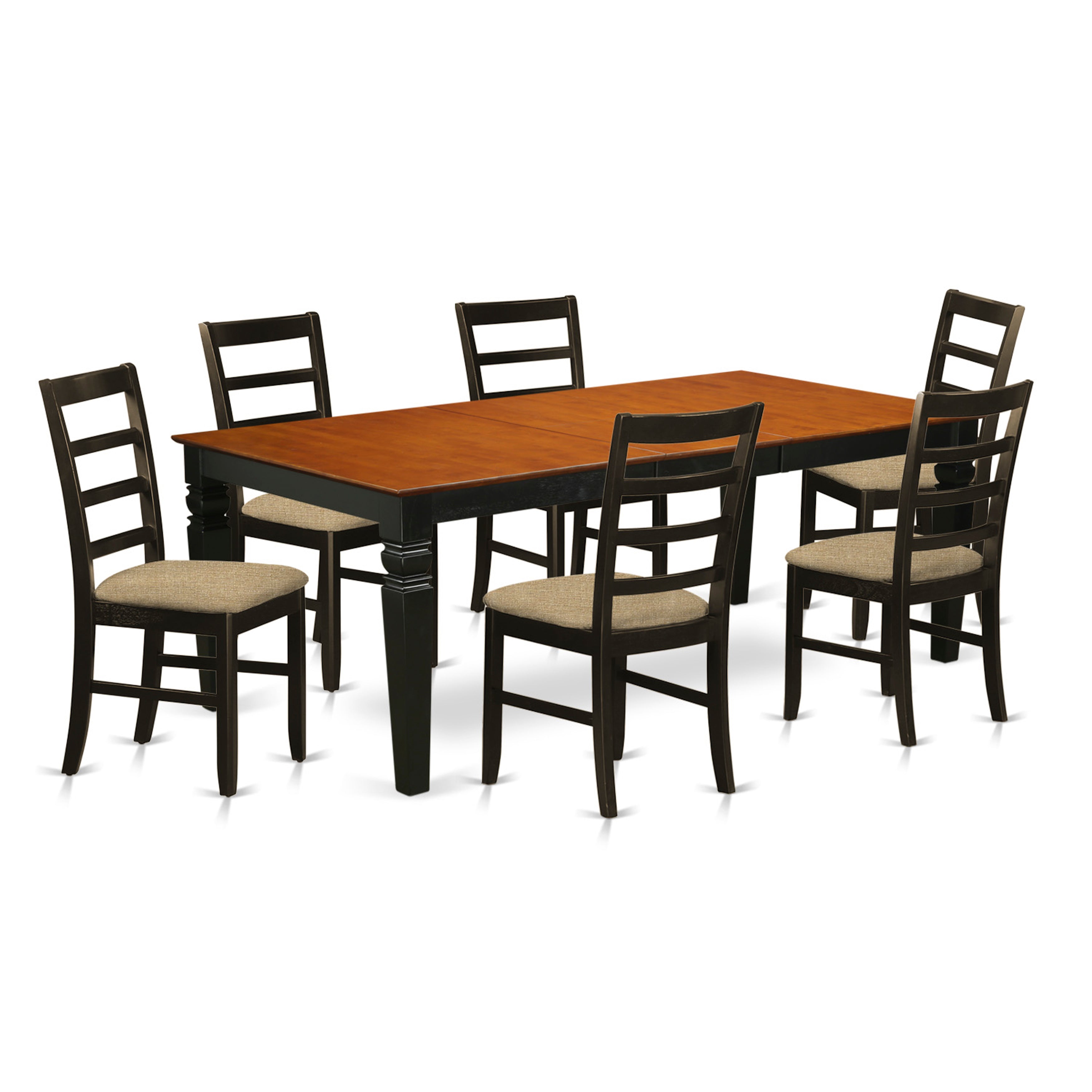 Juego de mesa y sillas de cocina East West Furniture LGPF7-BCH-C de 7 piezas. Incluye una mesa rectangular de madera con diseño de hojas de mariposa y 6 sillas de comedor de tela de lino.