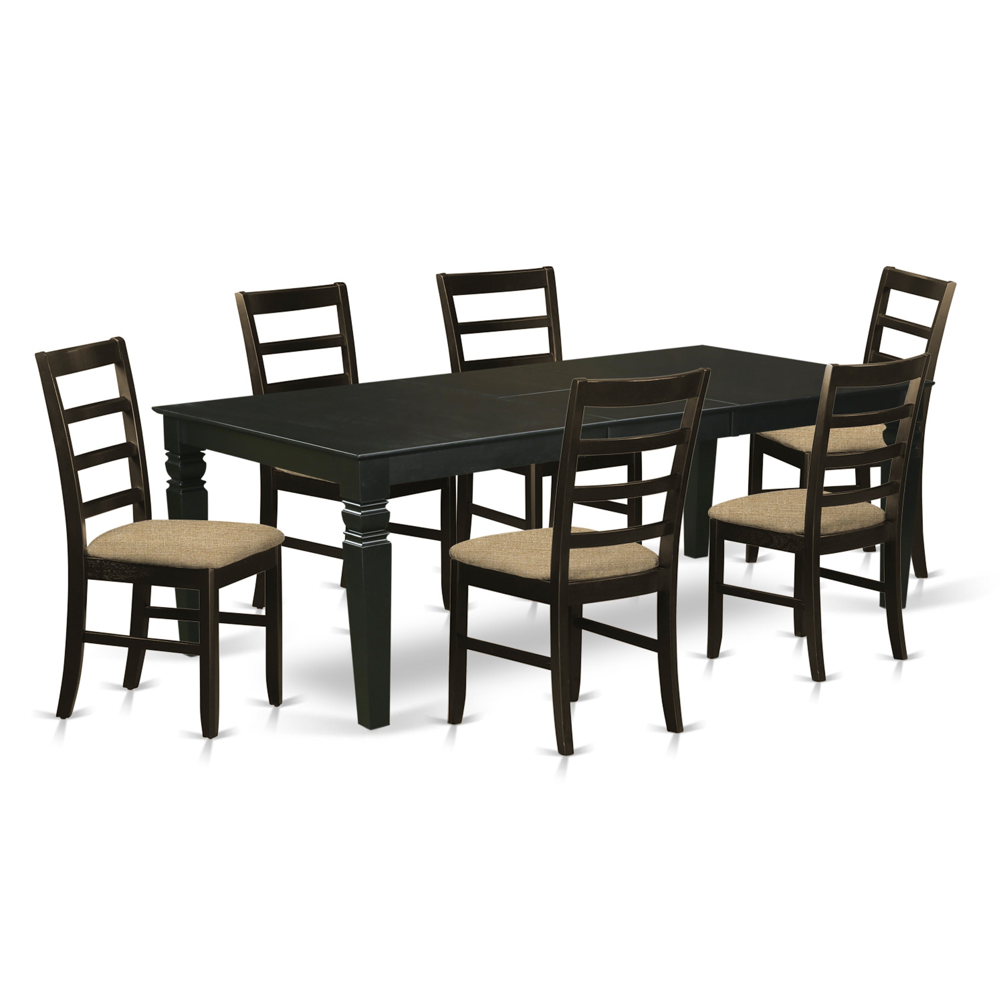 El juego de mesa de cocina East West Furniture LGPF7-BLK-C de 7 piezas consta de una mesa de comedor rectangular con hojas de mariposa y 6 sillas de comedor tapizadas en tela de lino.
