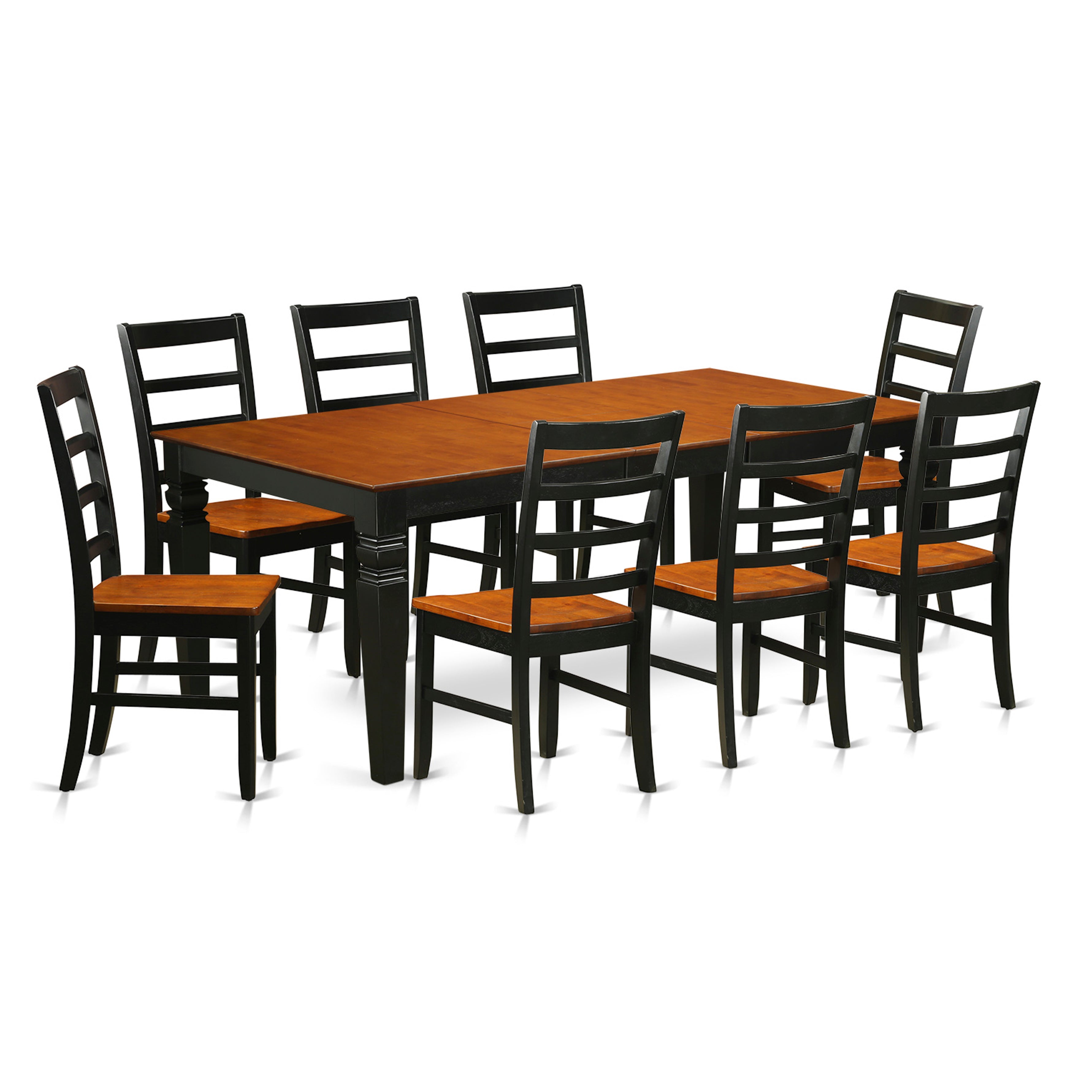 El juego de mesa de comedor moderno East West Furniture LGPF9-BCH-W de 9 piezas incluye una mesa rectangular de madera con diseño de hojas de mariposa y 8 sillas de comedor.