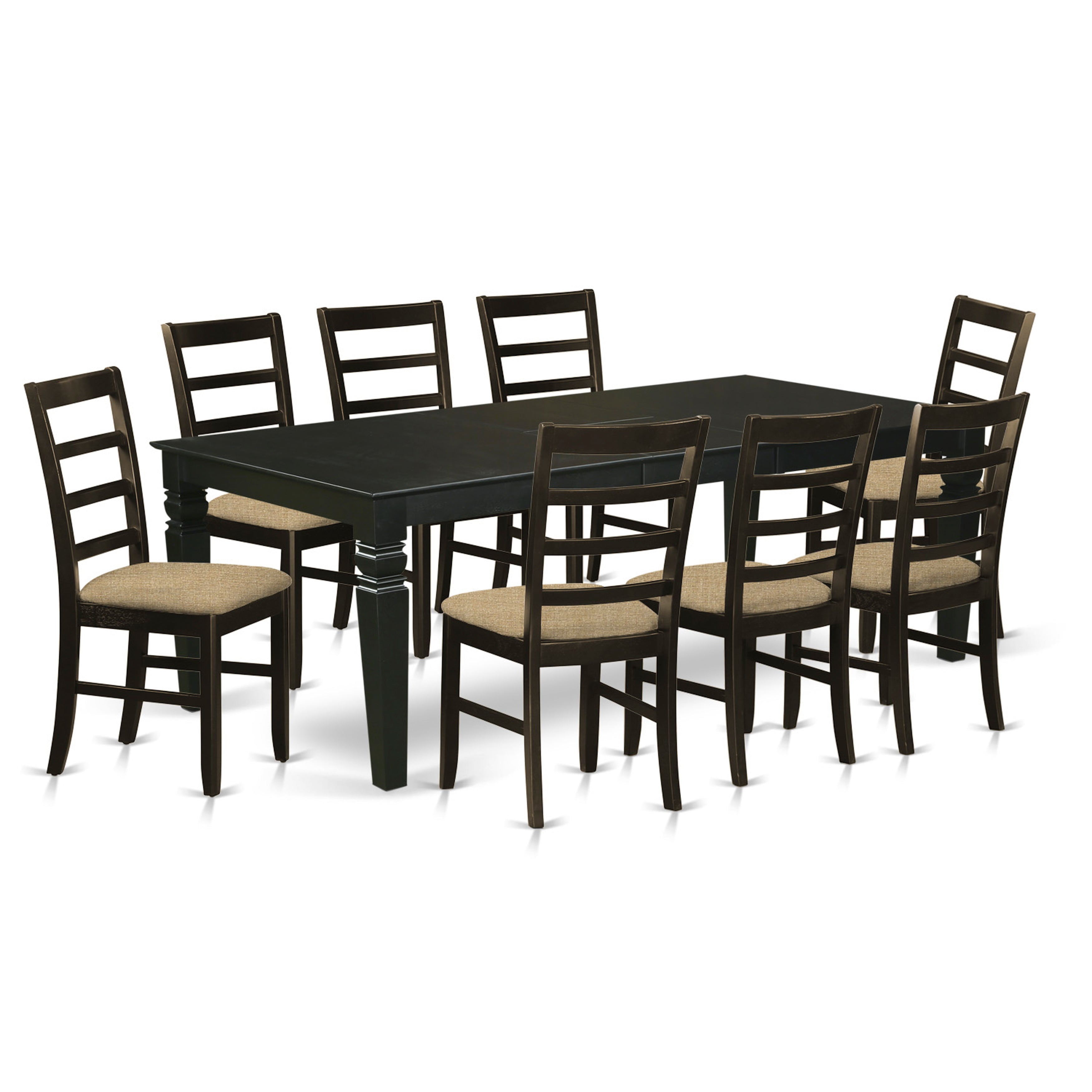 Juego de comedor East West Furniture LGPF9-BLK-C de 9 piezas. Incluye una mesa de comedor rectangular con diseño de hojas de mariposa y 8 sillas de cocina de tela de lino.