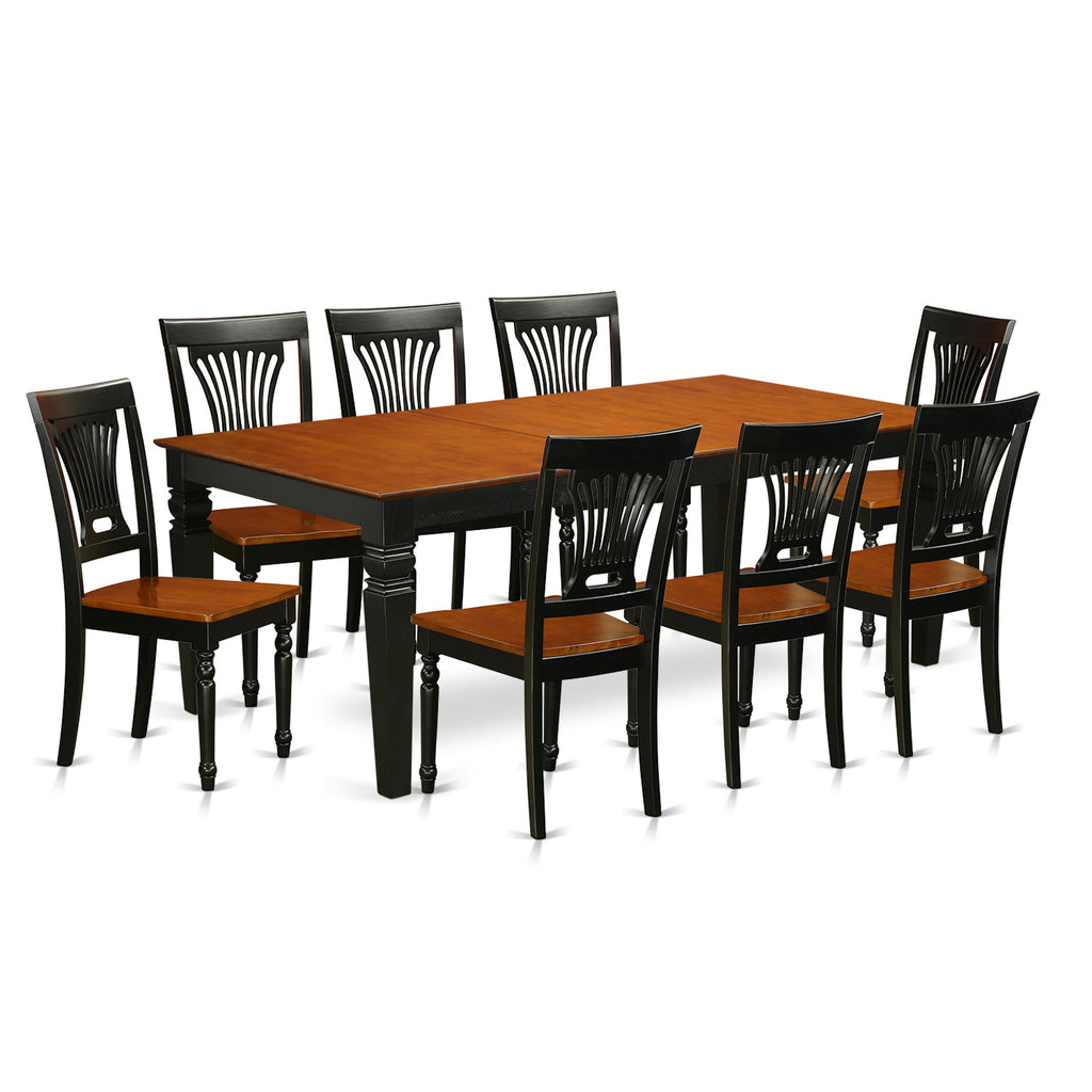 Juego de comedor East West Furniture LGPL9-BCH-W de 9 piezas. Incluye una mesa de comedor rectangular con hojas de mariposa y 8 sillas con asiento de madera.