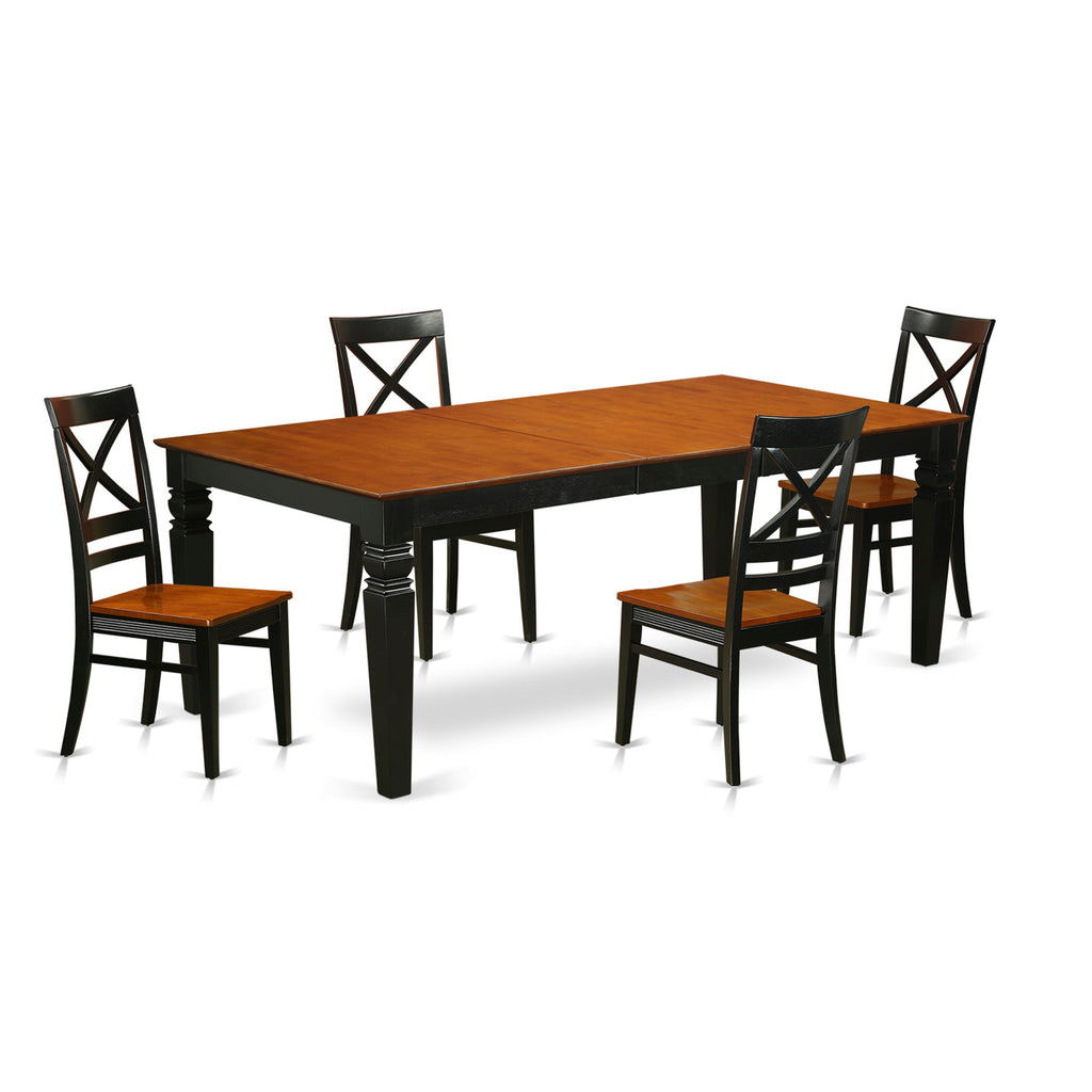Juego de comedor de 5 piezas East West Furniture LGQU5-BCH-W para 4 personas. Incluye una mesa de comedor rectangular con diseño de hojas de mariposa y 4 sillas de comedor.