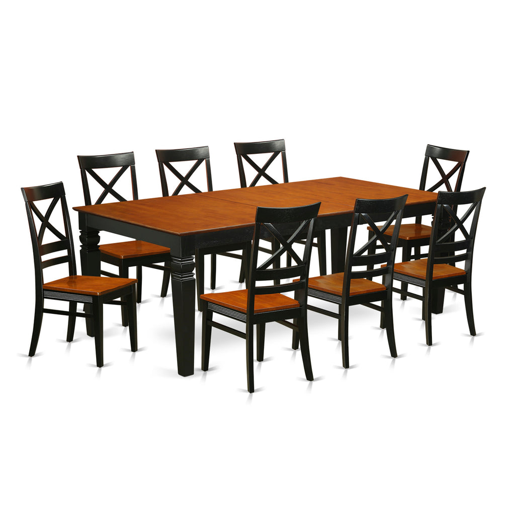 El juego de mesa de comedor moderno East West Furniture LGQU9-BCH-W de 9 piezas incluye una mesa rectangular de madera con diseño de hojas de mariposa y 8 sillas de comedor de cocina.