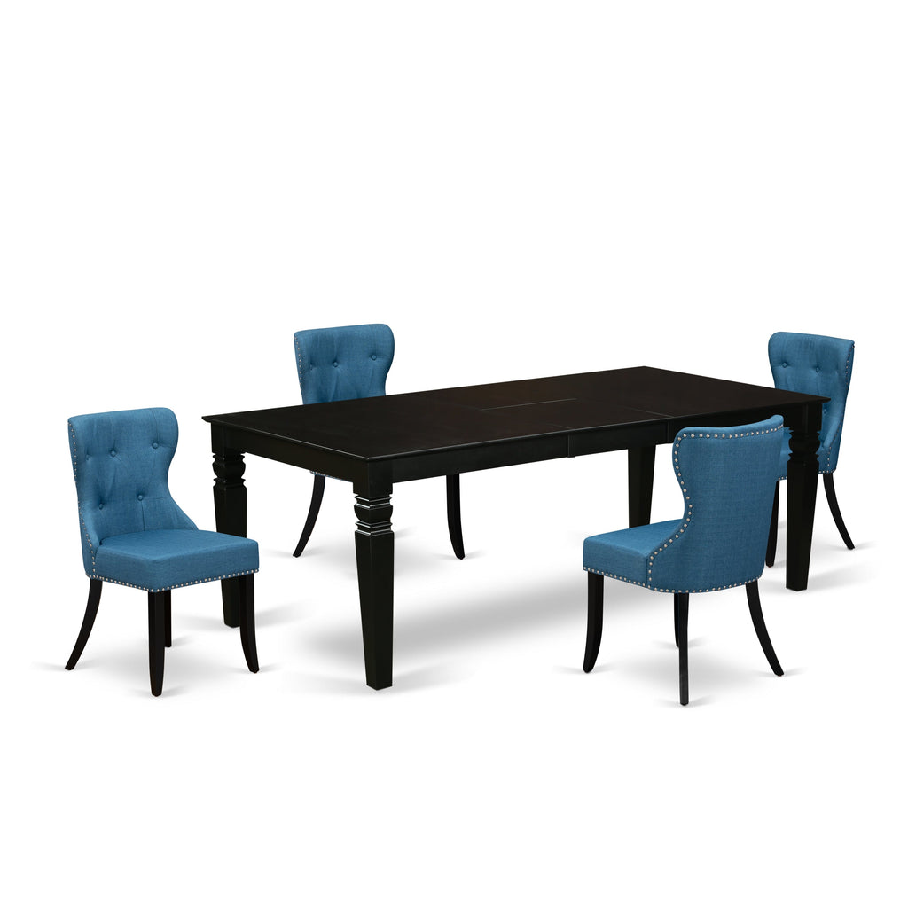 El juego de comedor de 5 piezas East West Furniture LGSI5-BLK-21 incluye una mesa de comedor rectangular con diseño de hojas de mariposa y 4 sillas Parson tapizadas en tela de lino azul.
