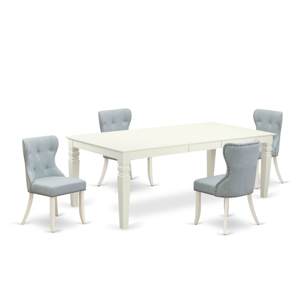 El juego de comedor de 5 piezas East West Furniture LGSI5-LWH-15 incluye una mesa de comedor rectangular con diseño de hojas de mariposa y 4 sillas de comedor Parson de tela de lino azul bebé.