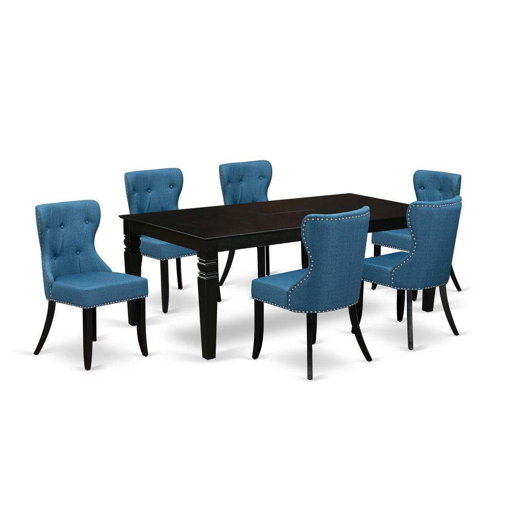 Juego de mesa de cocina East West Furniture LGSI7-BLK-21 de 7 piezas compuesto por una mesa de comedor rectangular con diseño de hojas de mariposa y 6 sillas de comedor Parson de tela de lino azul.