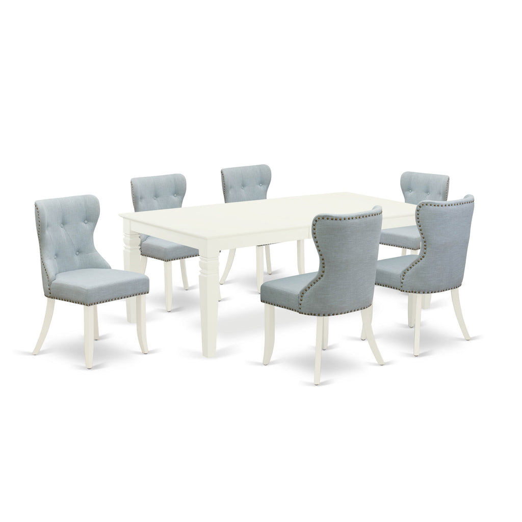 Juego de comedor East West Furniture LGSI7-LWH-15 de 7 piezas compuesto por una mesa rectangular de madera con diseño de hojas de mariposa y 6 sillas de comedor Parson de tela de lino azul bebé.