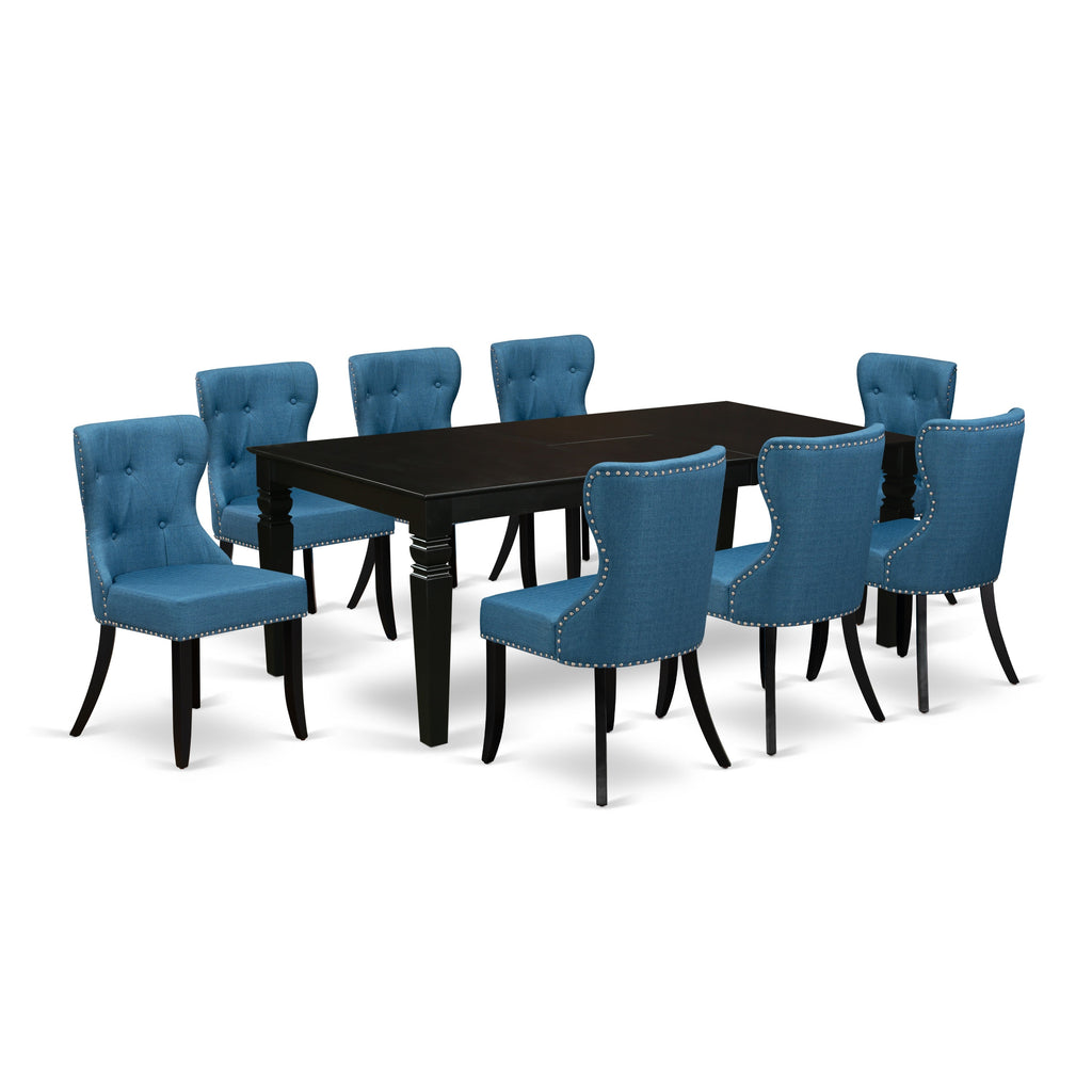 El juego de mesa de comedor East West Furniture LGSI9-BLK-21 de 9 piezas incluye una mesa de comedor rectangular con diseño de hojas de mariposa y 8 sillas tapizadas en tela de lino azul.