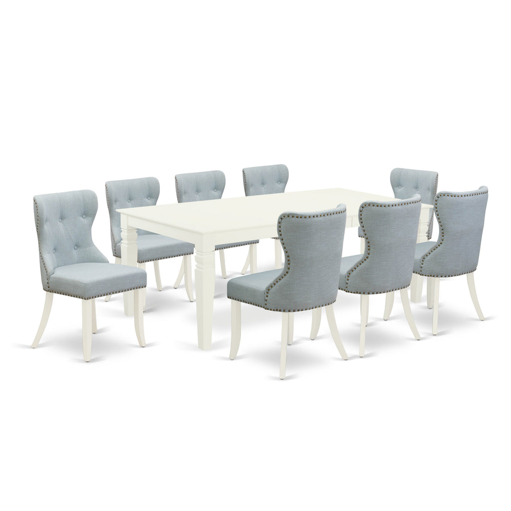 El juego de mesa de cocina East West Furniture LGSI9-LWH-15 de 9 piezas incluye una mesa de comedor rectangular con diseño de hojas de mariposa y 8 sillas de comedor Parsons de tela de lino azul bebé.
