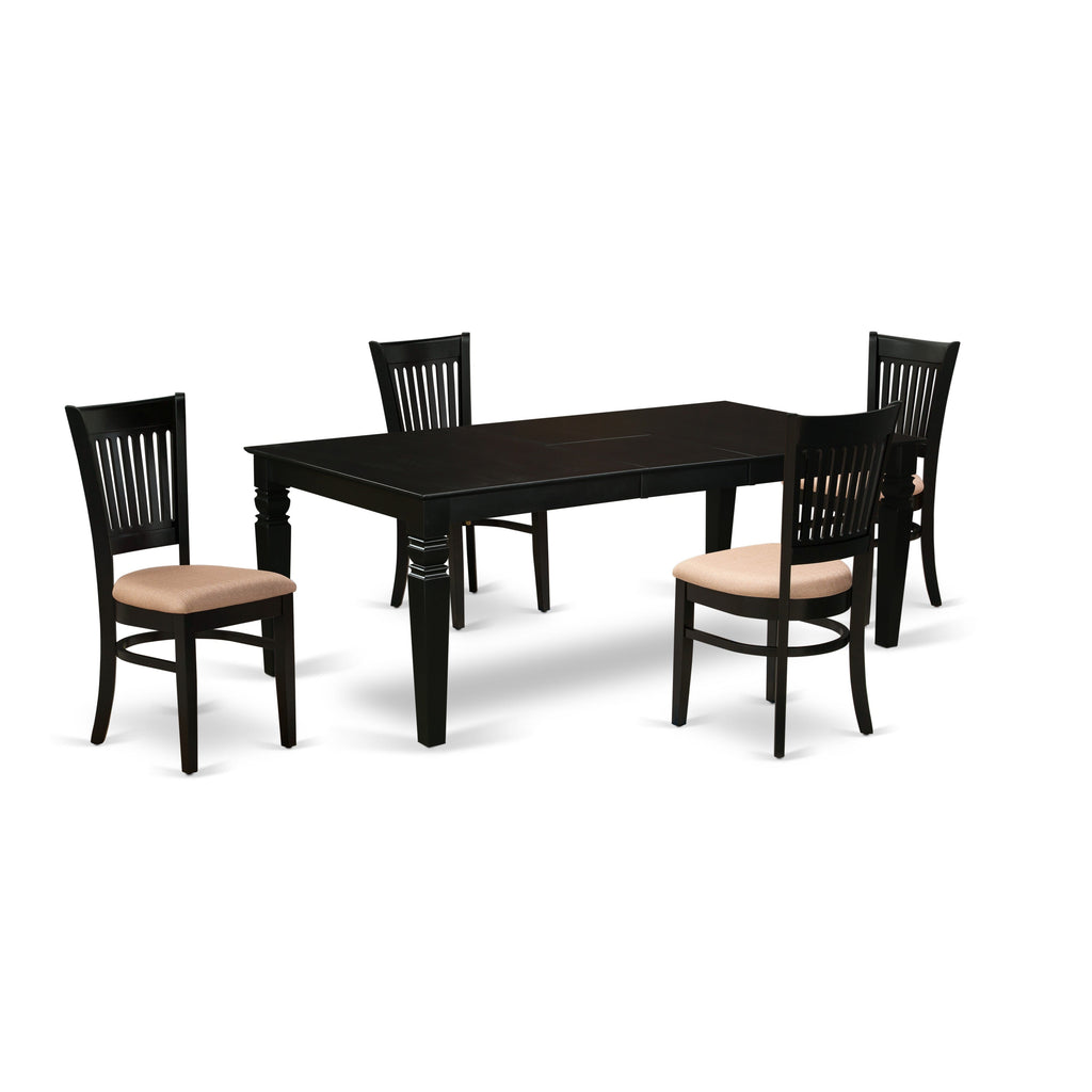 El juego de comedor de 5 piezas East West Furniture LGVA5-BLK-C incluye una mesa de cocina rectangular con diseño de hojas de mariposa y 4 sillas tapizadas en tela de lino.