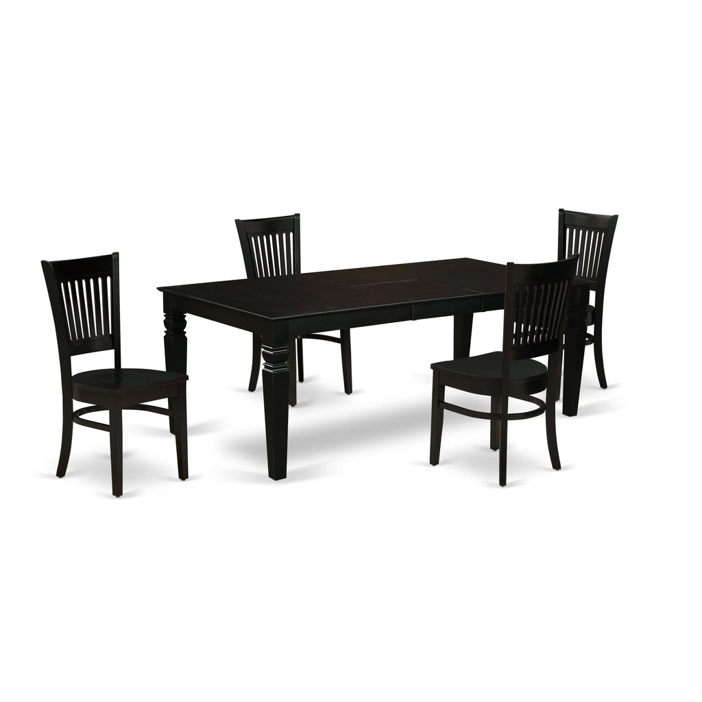 Juego de mesa y sillas de cocina de 5 piezas East West Furniture LGVA5-BLK-W. Incluye una mesa de comedor rectangular con hojas de mariposa y 4 sillas con asiento de madera maciza.