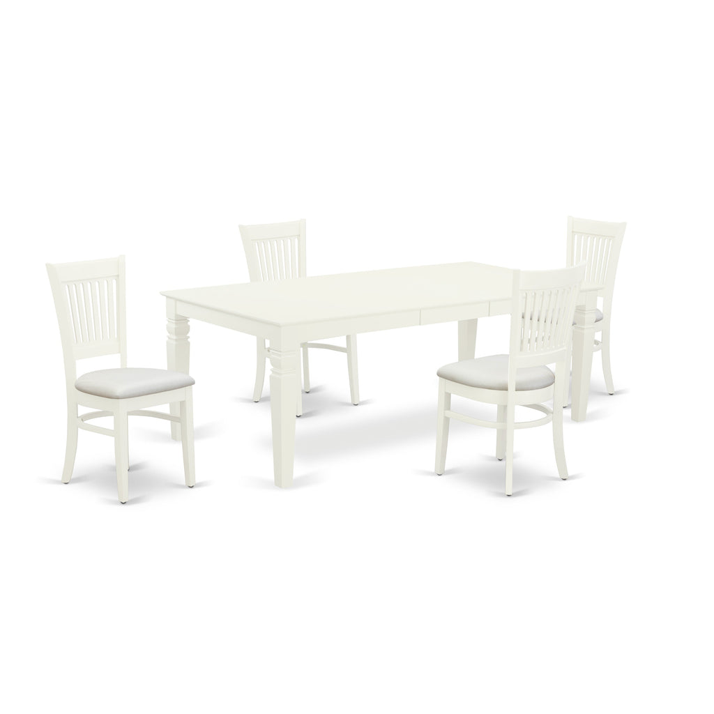 Juego de comedor de 5 piezas East West Furniture LGVA5-LWH-C. Incluye una mesa de comedor rectangular con diseño de hojas de mariposa y 4 sillas de cocina tapizadas en tela de lino.
