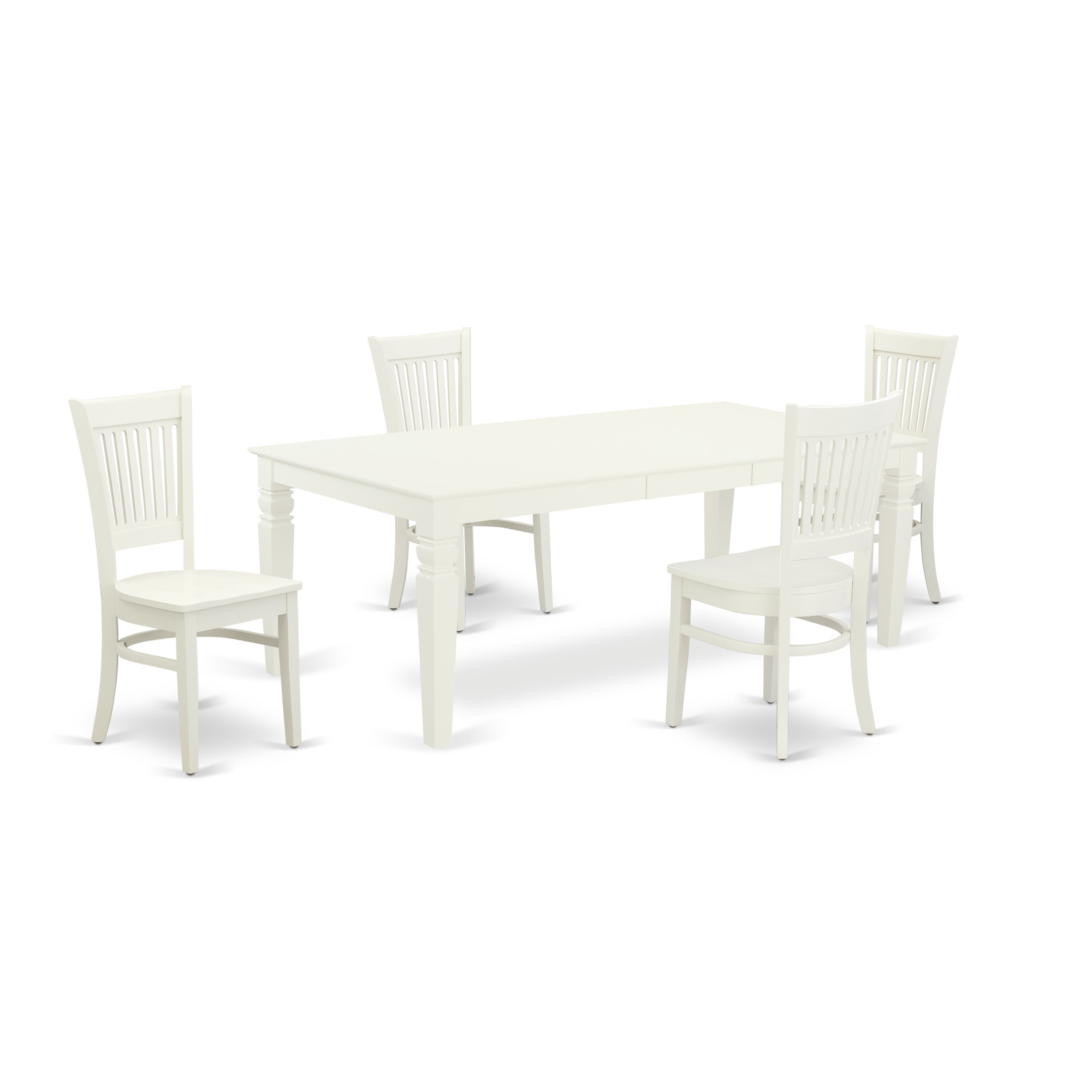 East West Furniture LGVA5-LWH-W 5-Piece wood dining table set-4modern dining chairs with Slatted Back and a Solid wood Seat-A modern Butterfly Leaf dining table with Rectangular Top and 4 Legs- Linen White Finish