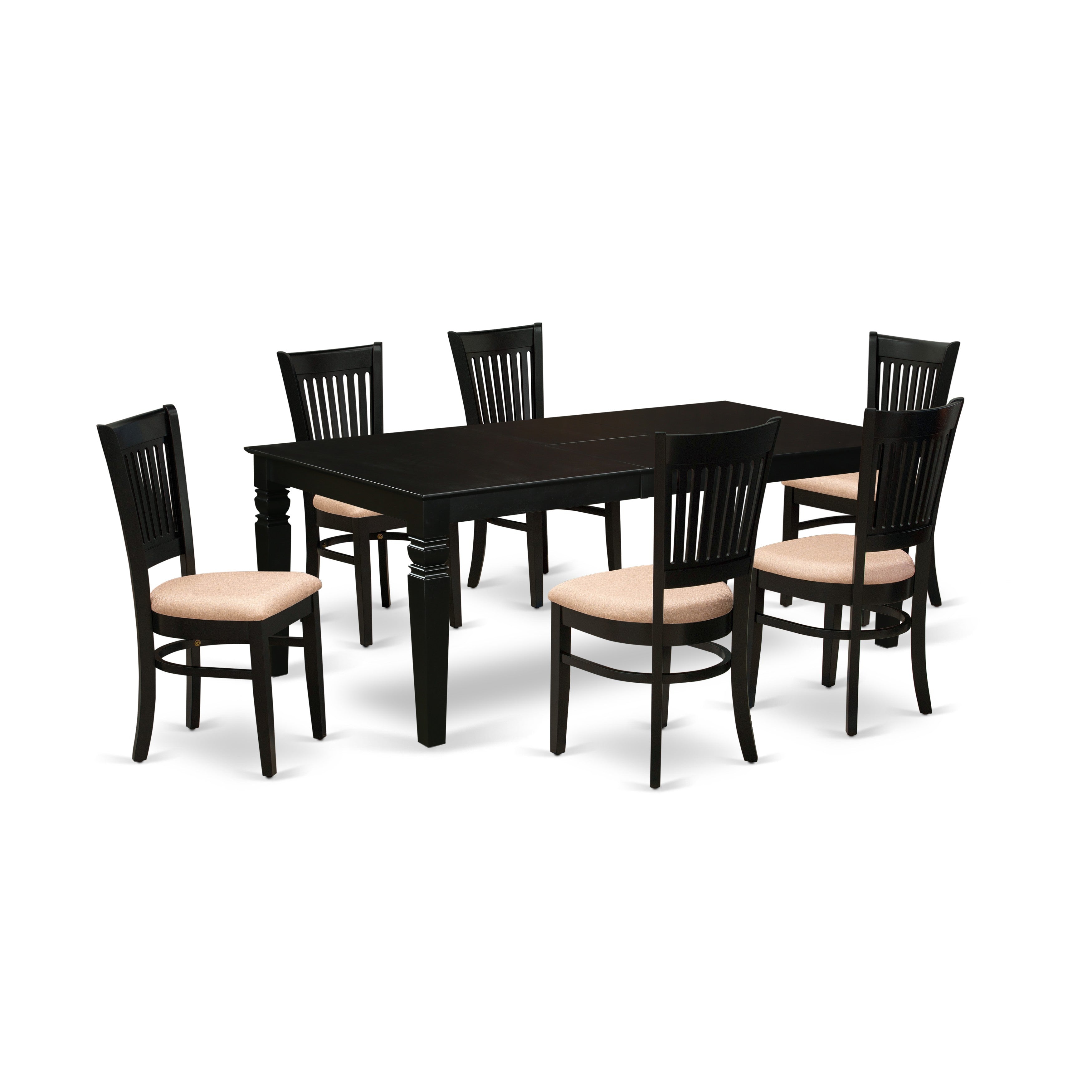 East West Furniture LGVA7-BLK-C 7-Pc Kitchen table set-6 Wood Dining Chair with Slatted Back and Linen fabric seat-A Wood Butterfly Leaf Dining Table with Rectangular Top and 4 Legs- Black Finish