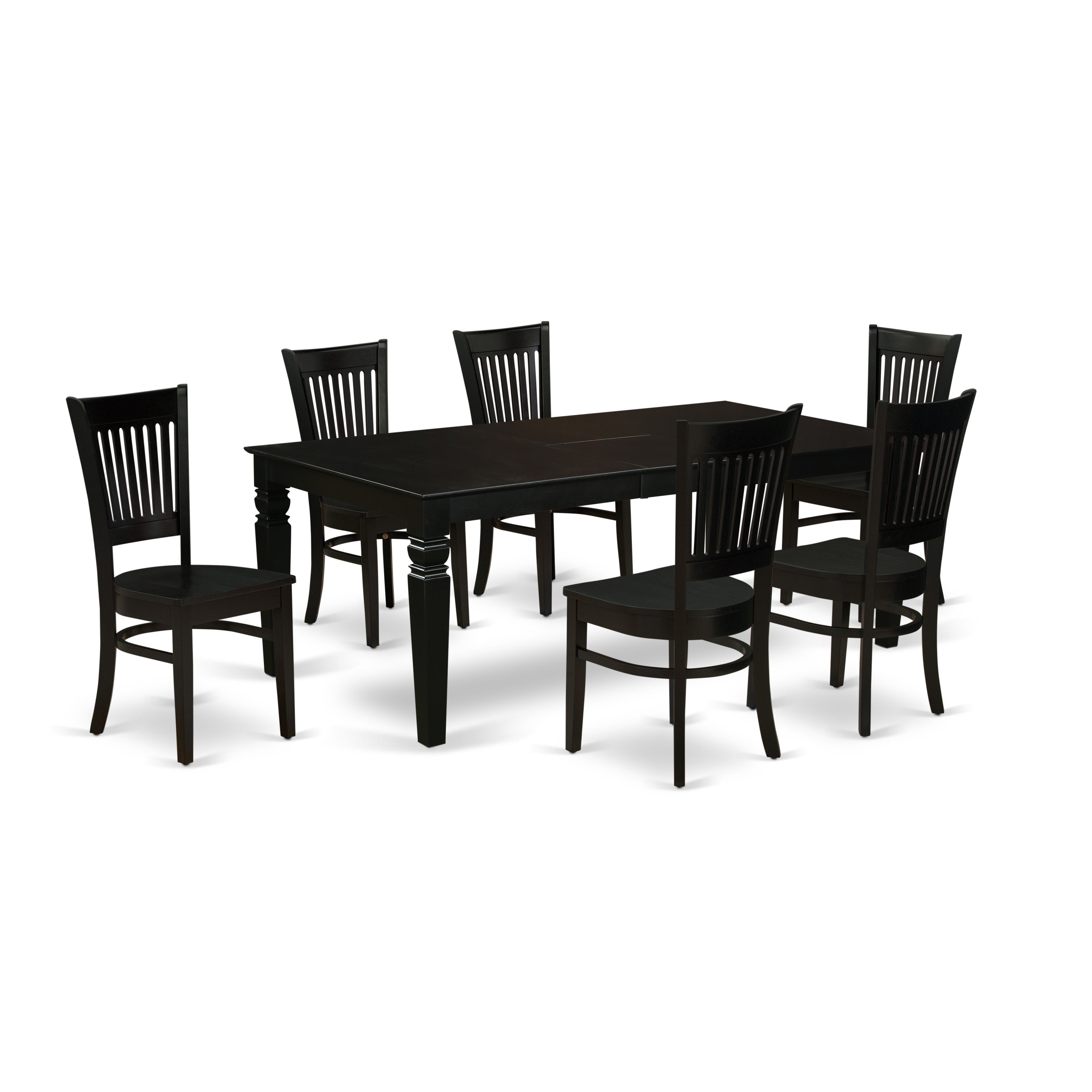 East West Furniture LGVA7-BLK-W 7-Piece Dining Set-6 Wooden Dining Chairs with Slatted Back and a Hardwood Seat-A Butterfly Leaf Dinette Table with Rectangular Top and 4 Legs- Black Finish
