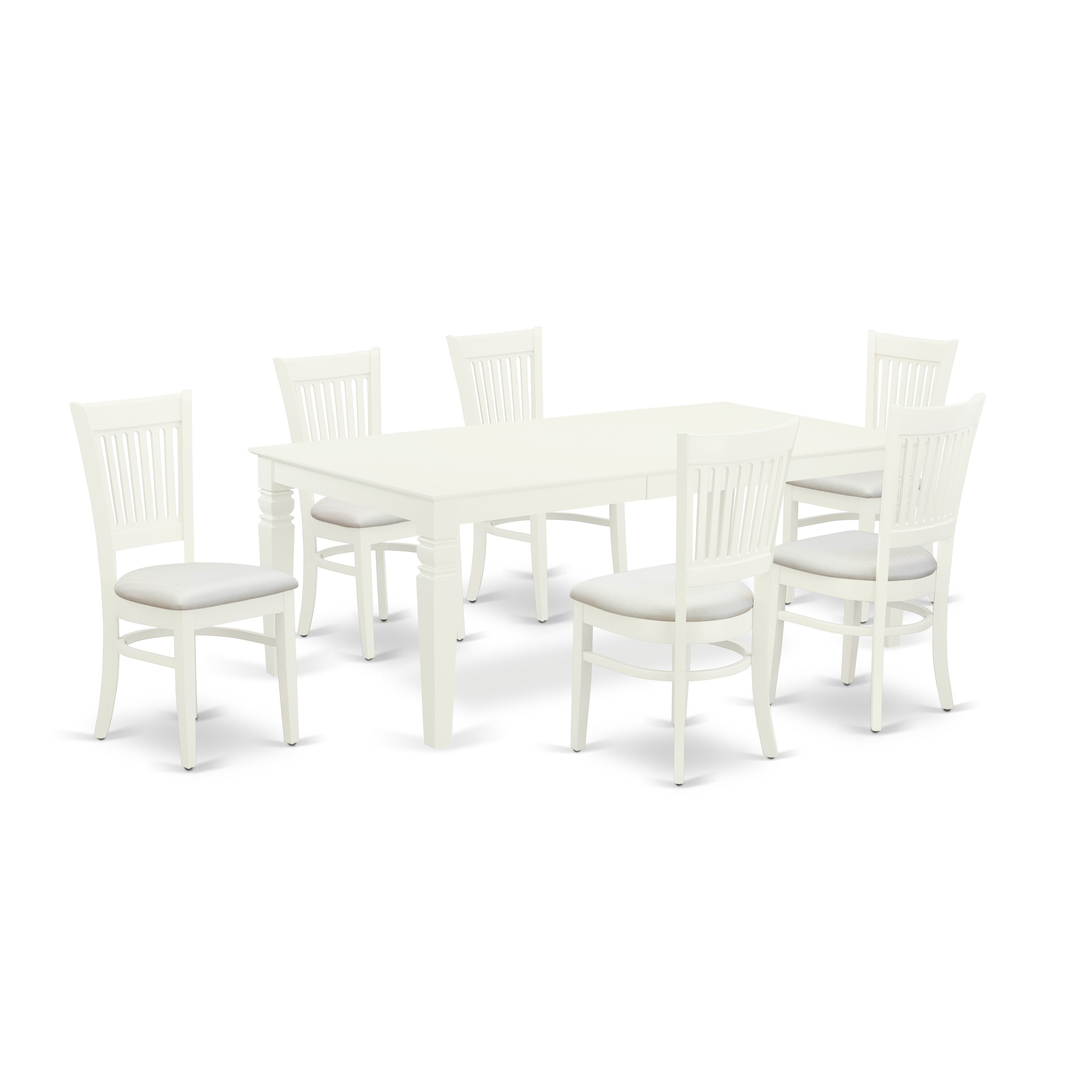 East West Furniture LGVA7-LWH-C 7-Pc Dining table set-6 Wood Dining Chair with Slatted Back and Linen fabric seat-A Rectangular Butterfly Leaf Dining Table with Rectangular Top and 4 Legs- Linen White Finish