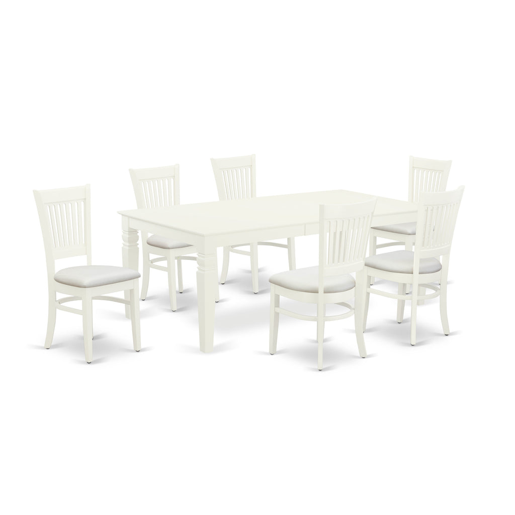 Juego de mesa y sillas de cocina East West Furniture LGVA7-LWH-C de 7 piezas. Incluye una mesa rectangular de madera con diseño de hojas de mariposa y 6 sillas de comedor de tela de lino.