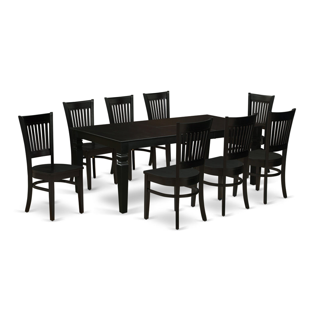 Juego de mesa y sillas de cocina de 9 piezas East West Furniture LGVA9-BLK-W. Incluye una mesa de comedor rectangular con hojas de mariposa y 8 sillas con asiento de madera maciza.