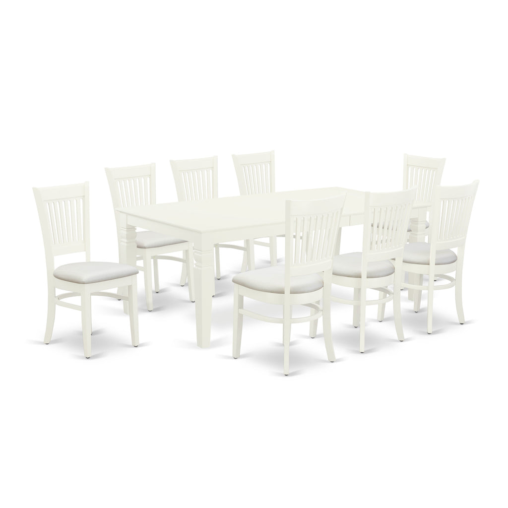 Juego de comedor East West Furniture LGVA9-LWH-C de 9 piezas. Incluye una mesa de comedor rectangular con diseño de hojas de mariposa y 8 sillas de cocina tapizadas en tela de lino.