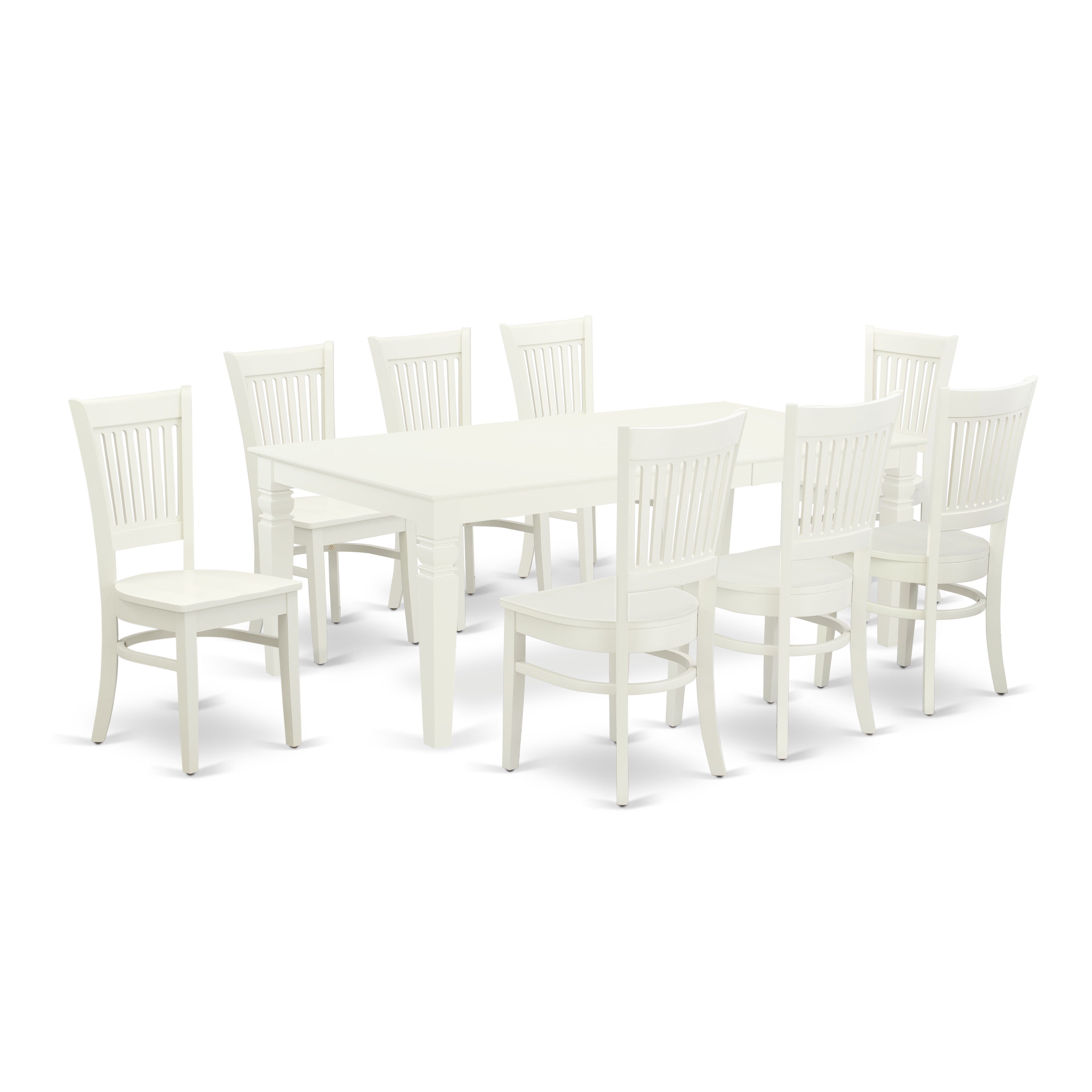 El juego de mesa de comedor East West Furniture LGVA9-LWH-W de 9 piezas incluye una mesa de comedor rectangular con hojas de mariposa y 8 sillas con asiento de madera.