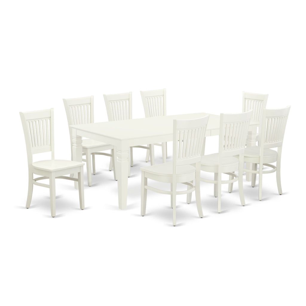 El juego de mesa de comedor East West Furniture LGVA9-LWH-W de 9 piezas incluye una mesa de comedor rectangular con hojas de mariposa y 8 sillas con asiento de madera.