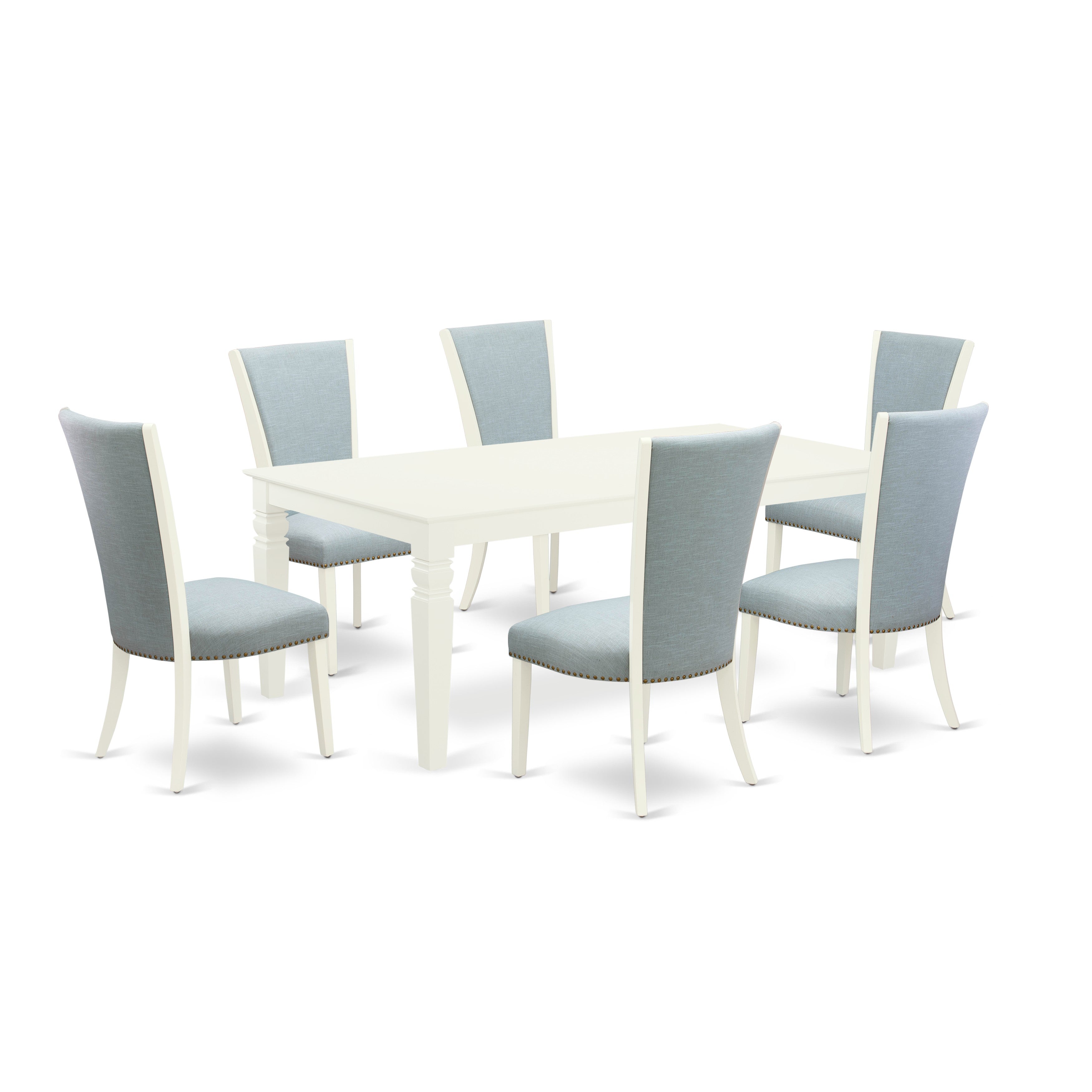 Juego de mesa y sillas de cocina East West Furniture LGVE7-LWH-15 de 7 piezas. Incluye una mesa de comedor rectangular con diseño de hojas de mariposa y 6 sillas Parson de tela de lino azul bebé.