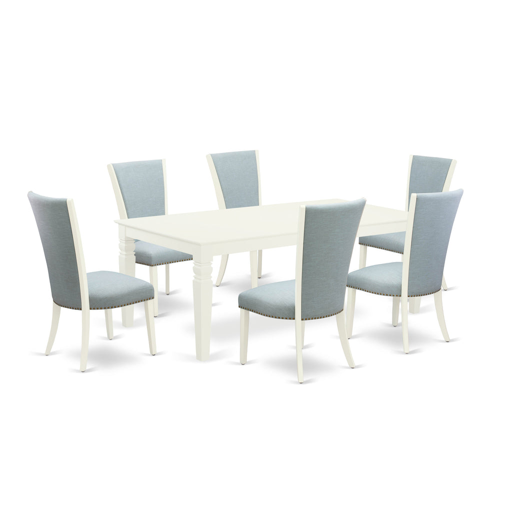 Juego de mesa y sillas de cocina East West Furniture LGVE7-LWH-15 de 7 piezas. Incluye una mesa de comedor rectangular con diseño de hojas de mariposa y 6 sillas Parson de tela de lino azul bebé.