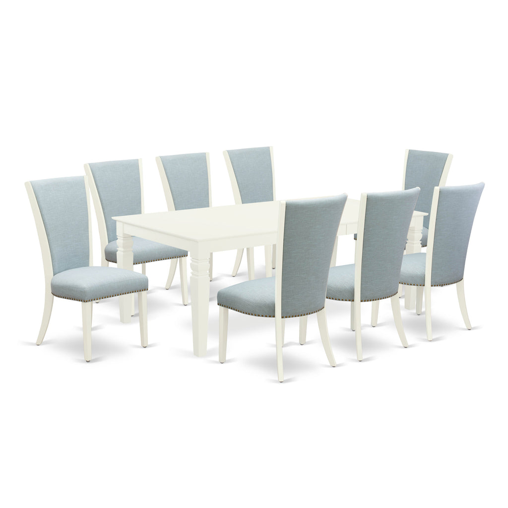 Juego de comedor East West Furniture LGVE9-LWH-15 de 9 piezas. Incluye una mesa de comedor rectangular con diseño de hojas de mariposa y 8 sillas tapizadas en tela de lino azul bebé.