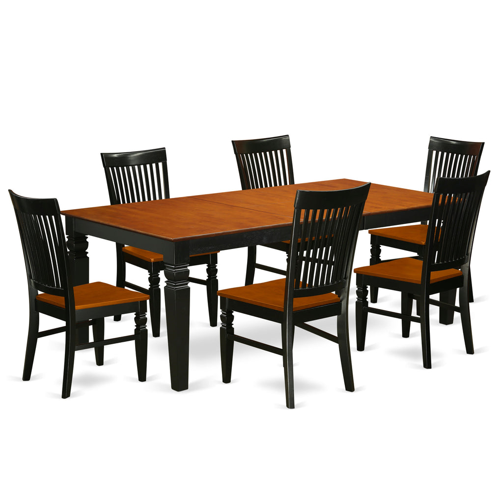 Juego de mesa de cocina de 7 piezas East West Furniture LGWE7-BCH-W compuesto por una mesa de comedor rectangular con hojas de mariposa y 6 sillas de comedor.