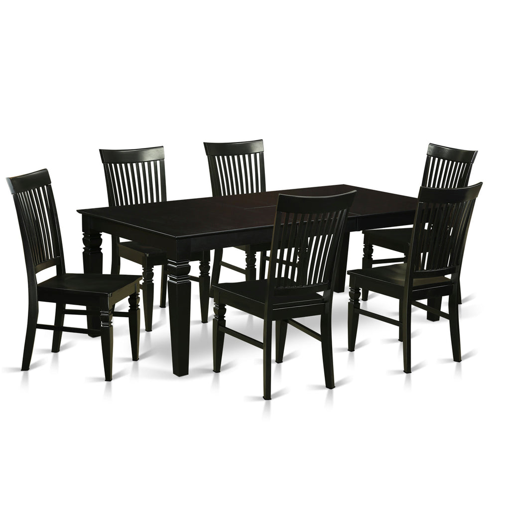 Juego de comedor East West Furniture LGWE7-BLK-W de 7 piezas compuesto por una mesa rectangular con hojas de mariposa y 6 sillas con asiento de madera.
