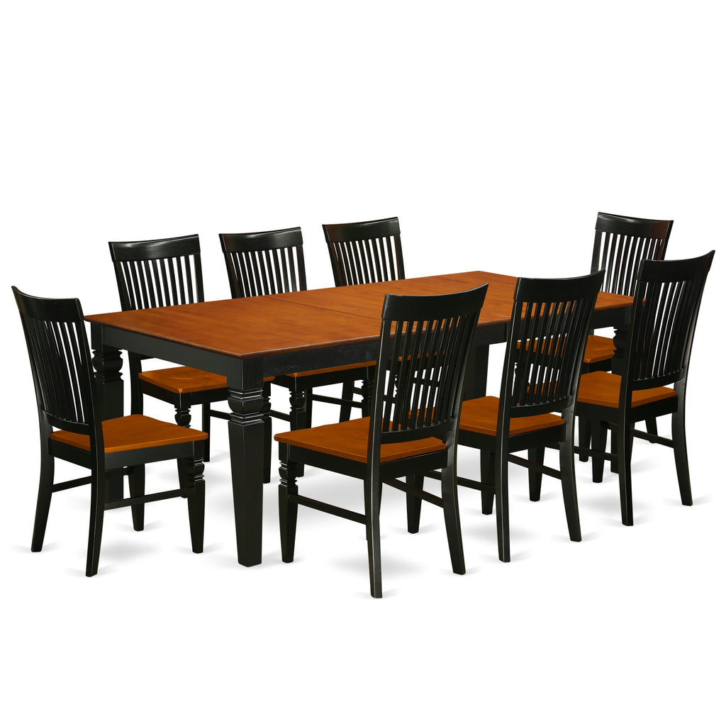 El juego de mesa de comedor moderno East West Furniture LGWE9-BCH-W de 9 piezas incluye una mesa rectangular de madera con diseño de hojas de mariposa y 8 sillas de comedor.
