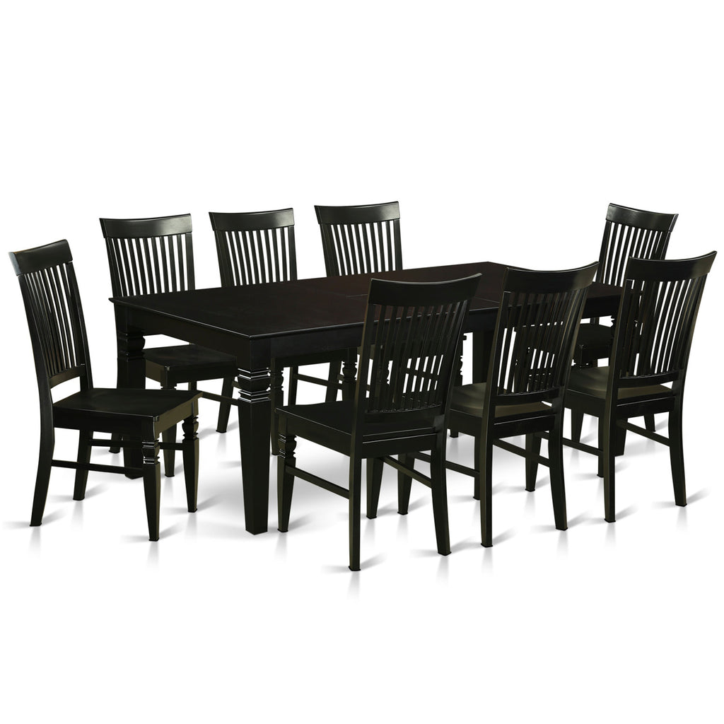 El juego de comedor East West Furniture LGWE9-BLK-W de 9 piezas incluye una mesa de cocina rectangular con diseño de hojas de mariposa y 8 sillas de comedor.