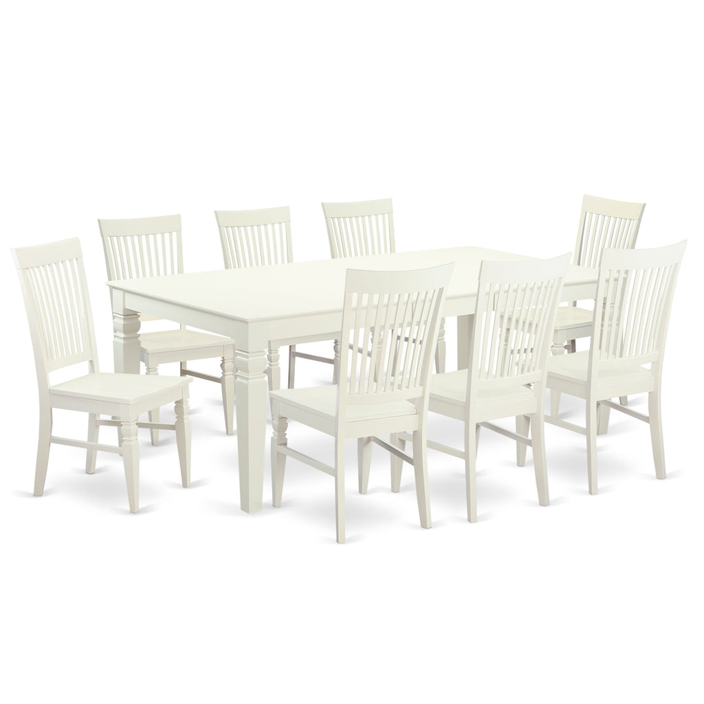 Juego de mesa y sillas de cocina East West Furniture LGWE9-LWH-W de 9 piezas. Incluye una mesa de comedor rectangular con diseño de hojas de mariposa y 8 sillas de comedor.