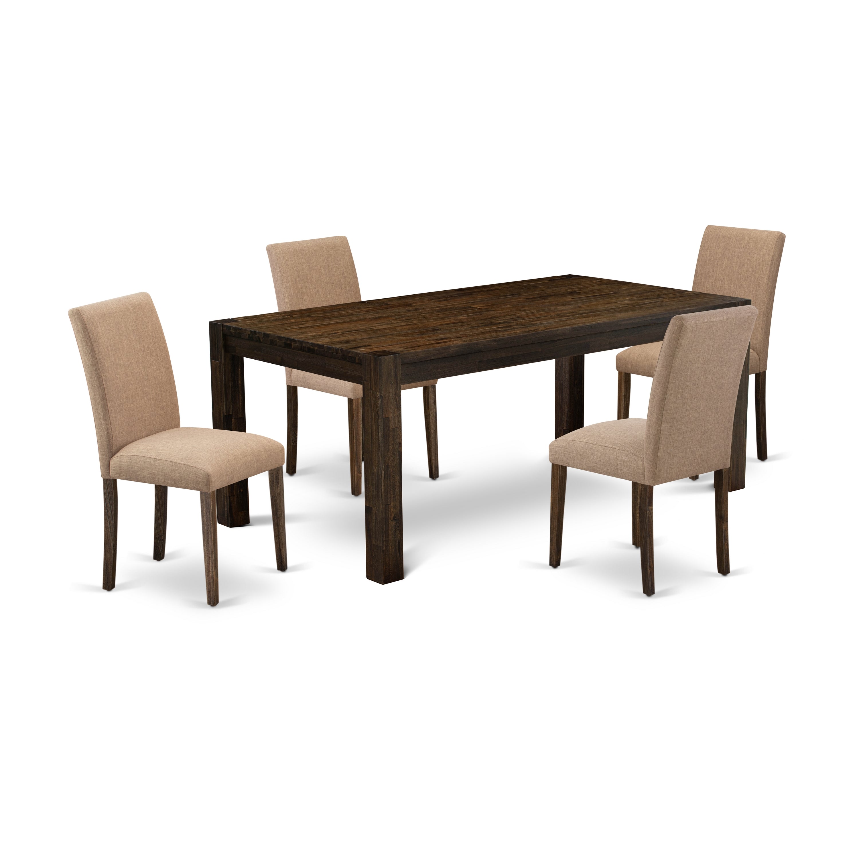 Juego de mesa de cocina de 5 piezas East West Furniture LMAB5-77-47 para 4 personas. Incluye una mesa de comedor rectangular de madera rústica y 4 sillas Parsons de tela de lino color sable claro.