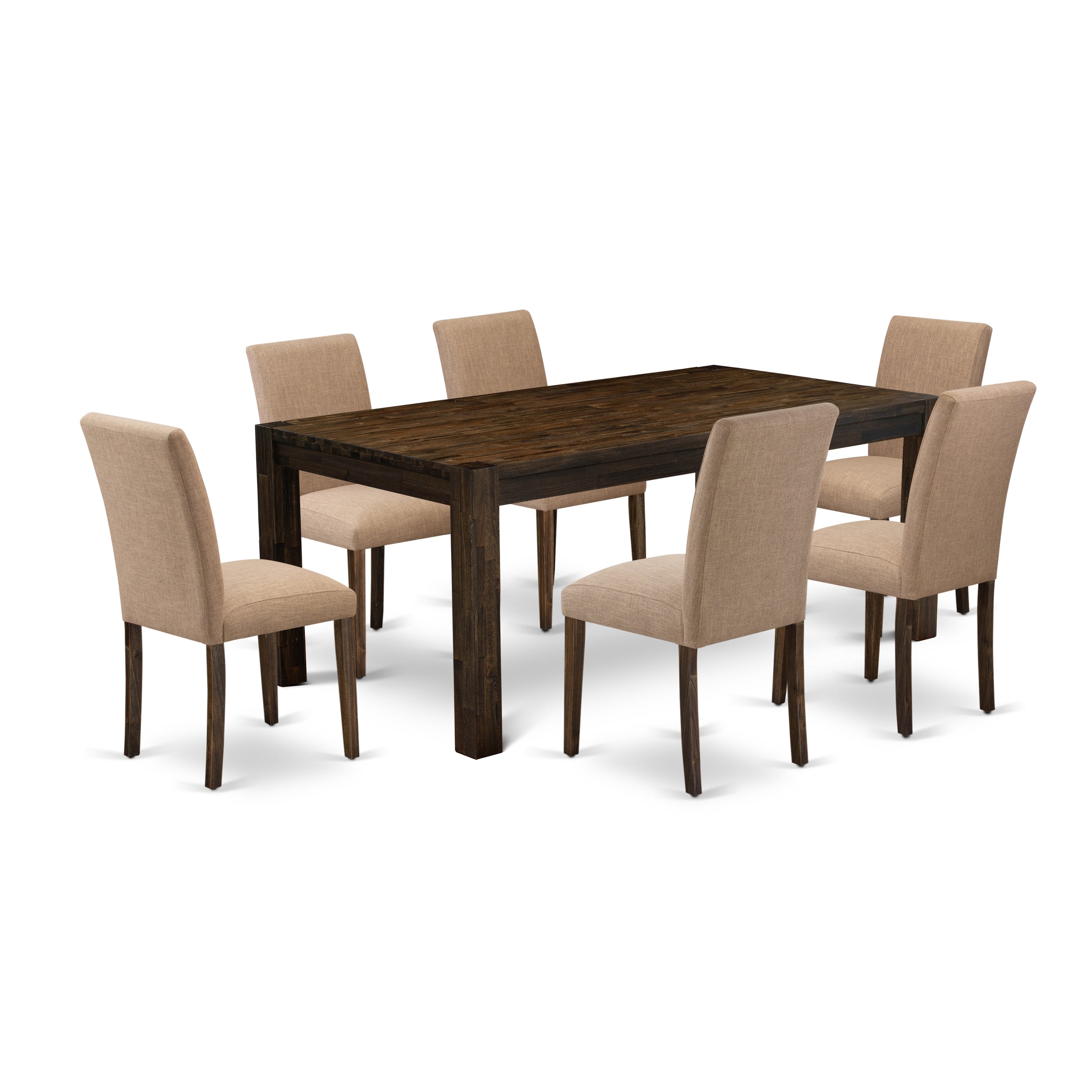 Juego de mesa de comedor moderna de 7 piezas East West Furniture LMAB7-77-47 compuesto por una mesa rectangular de madera rústica y 6 sillas tapizadas en tela de lino color sable claro.
