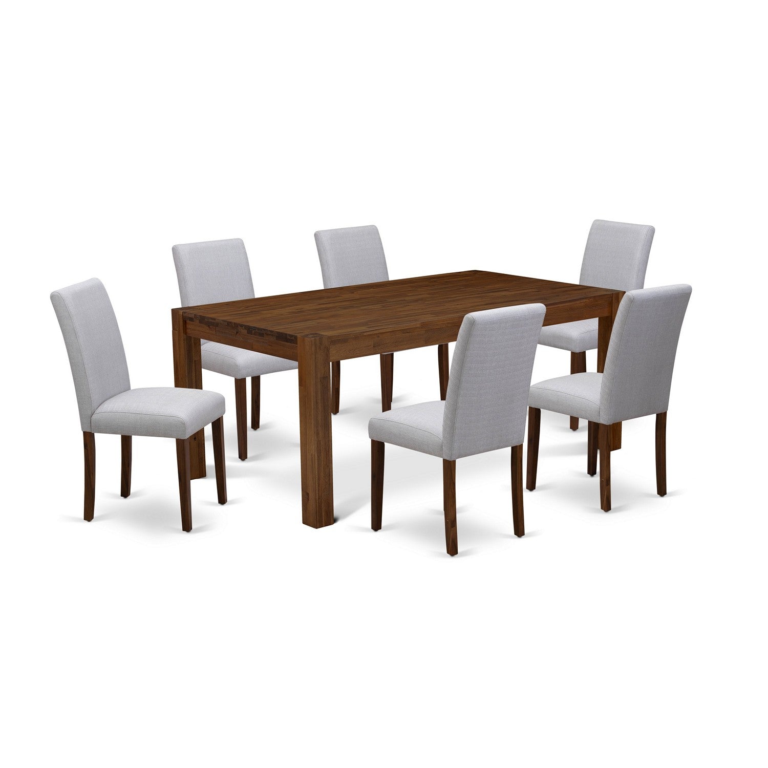 EAST WEST FURNITURE - LMAB7-N8-05 - 7-Pc Kitchen Table Set- 6 Upholstered Dining Chairs and dining table - Grey Linen Fabric Seat and High Chair Back (Antique Walnut Finish)