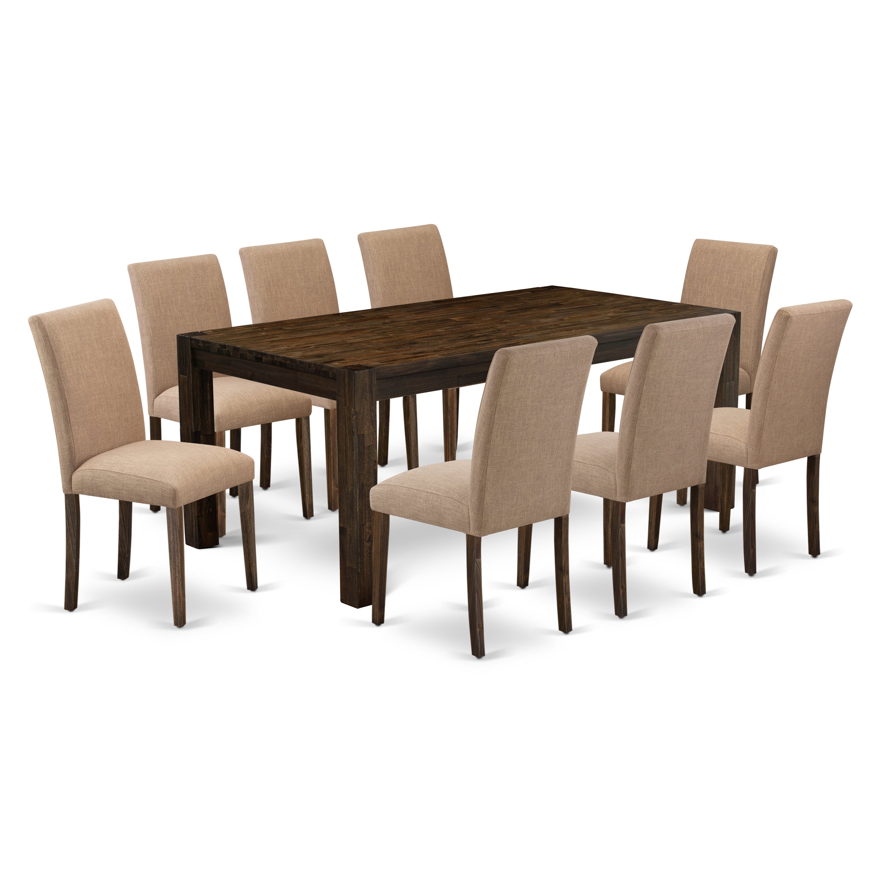 LMAB9-77-47 9Pc Dining Table set Includes a Dining Room Table and 8 Parsons Chairs with Light Sable Color Linen Fabric, Medium Size Table with Full Back Chairs, Distressed Jacobean Finish