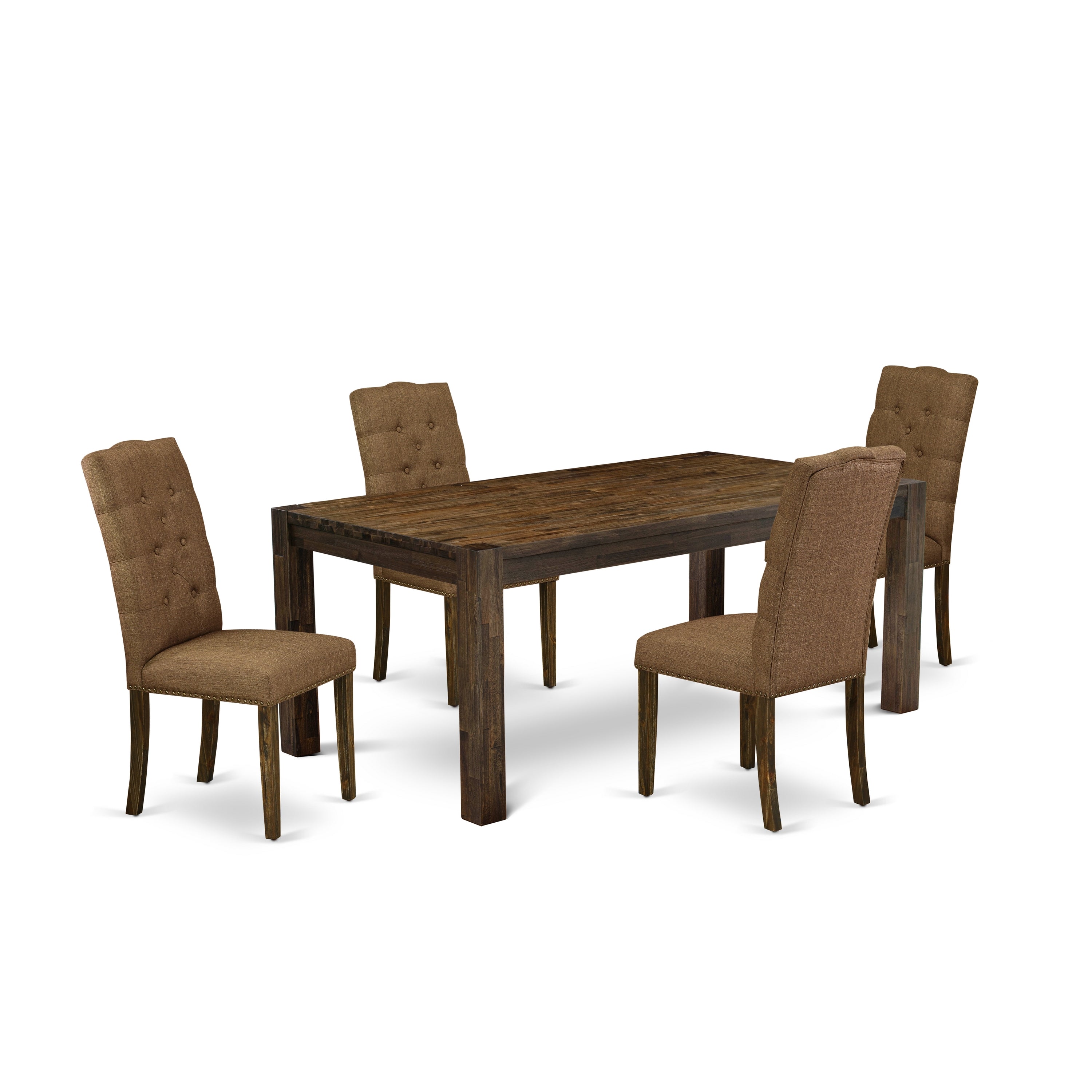 Juego de mesa de comedor de 5 piezas East West Furniture LMEL5-77-18 para 4 personas. Incluye una mesa de comedor rectangular de madera rústica y 4 sillas tapizadas en tela de lino marrón.