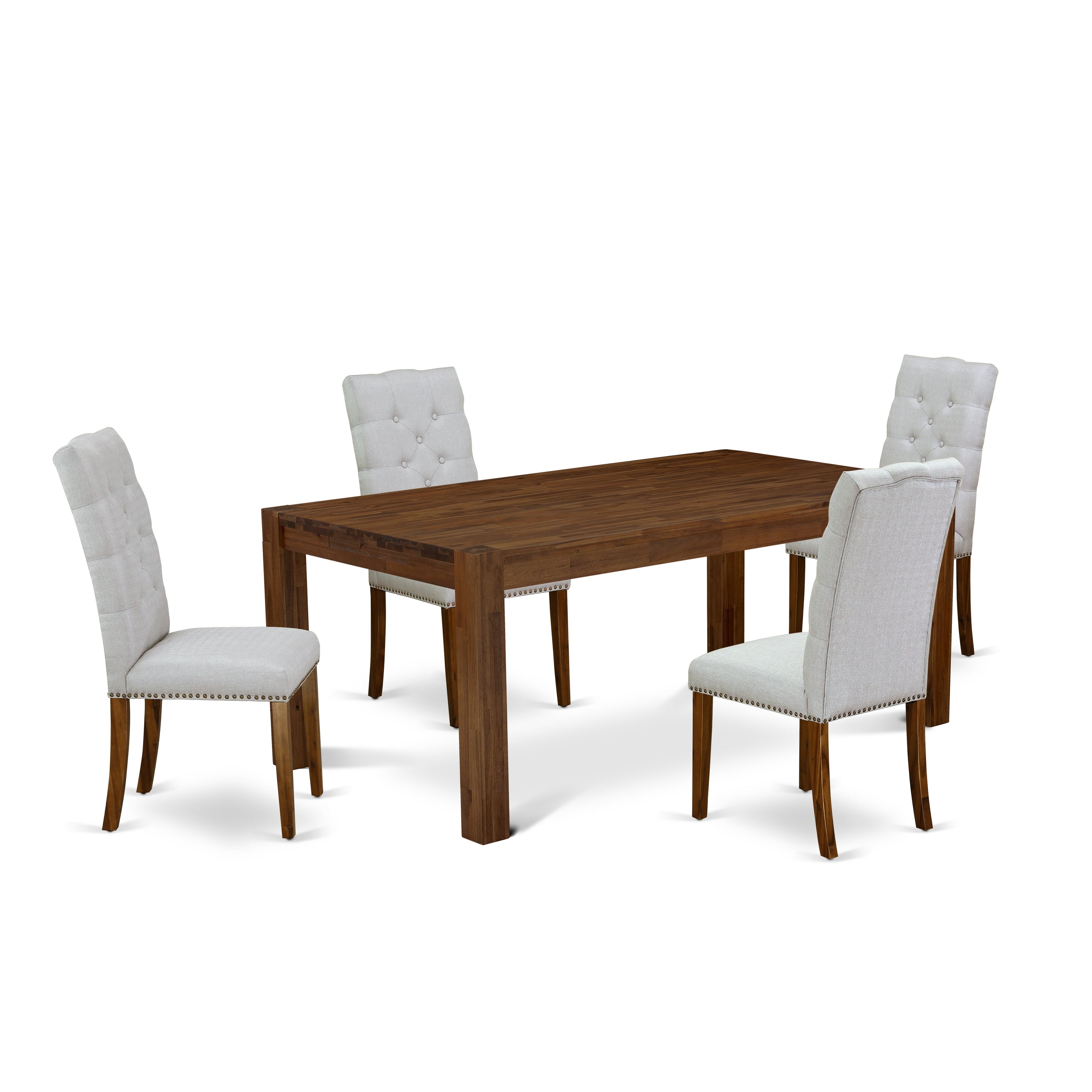 East West Furniture LMEL5-N8-05 5-Pc Modern Dining Set- 4 Upholstered Dining Chairs with Grey Linen Fabric Seat and Button Tufted Chair Back - Dining Room Table (Antique Walnut Finish)