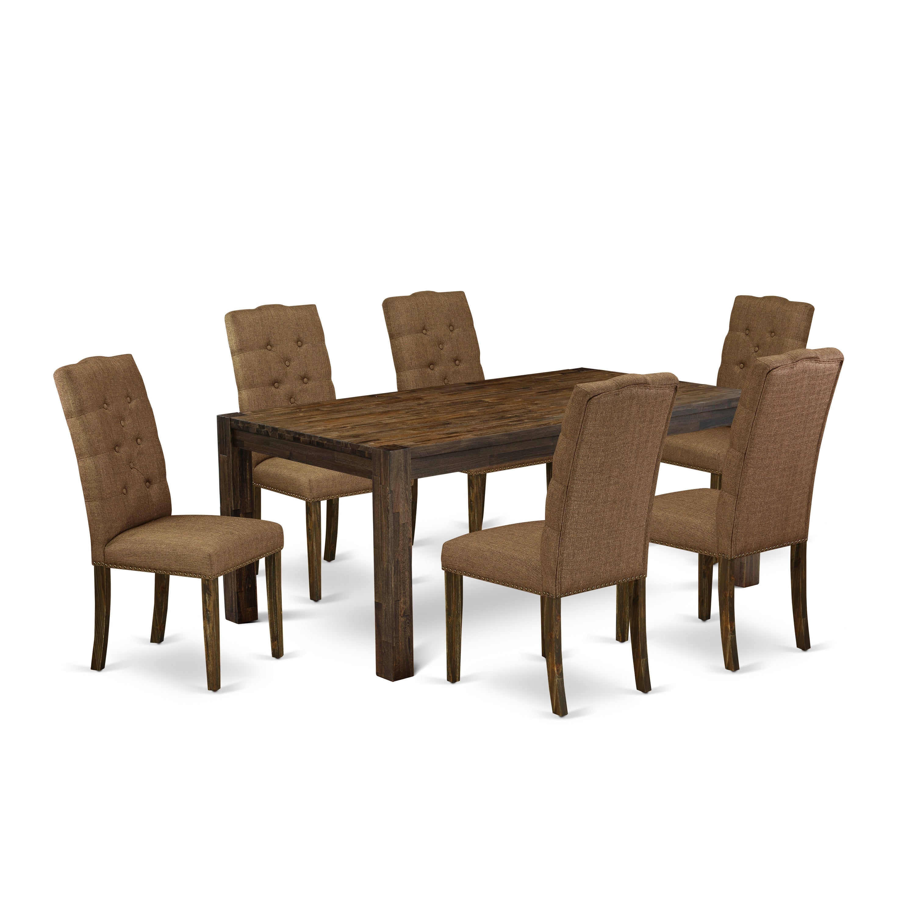 East West Furniture LMEL7-77-18 7-Pc Dining Set- 6 dining room chairs with Brown Beige Linen Fabric Seat and Button Tufted Chair Back - Rectangular Table (Distressed Jacobean Finish)