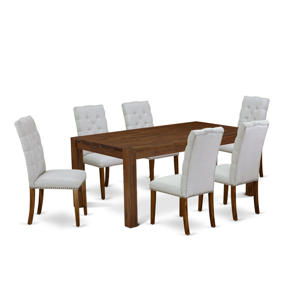 Juego de mesa de comedor de 7 piezas East West Furniture LMEL7-N8-05 compuesto por una mesa de comedor rectangular de madera rústica y 6 sillas tapizadas en tela de lino gris.