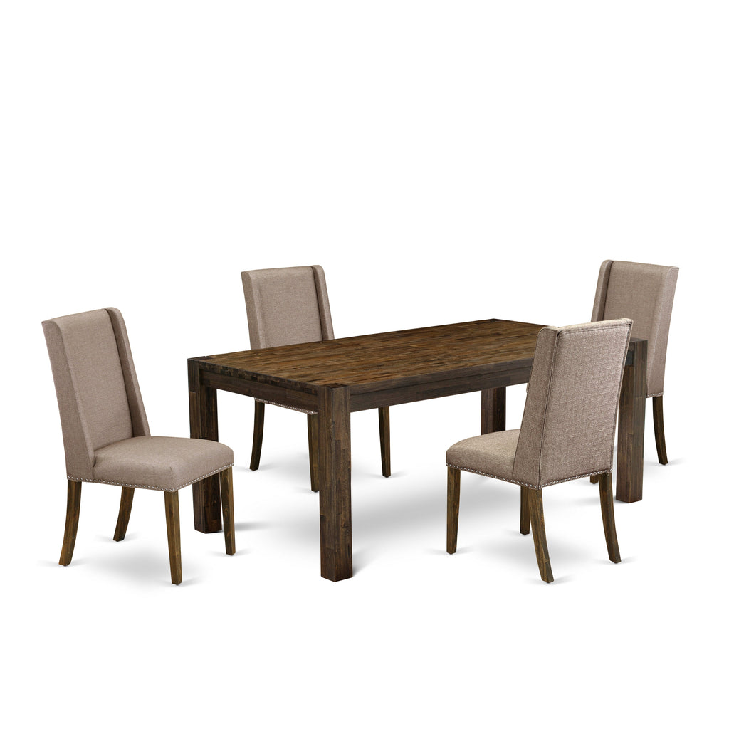 East West Furniture LMFL5-77-16 5 Piece Dining Table Set for 4 Includes a Rectangle Rustic Wood Dinner Table and 4 Dark Khaki Linen Fabric Upholstered Chairs