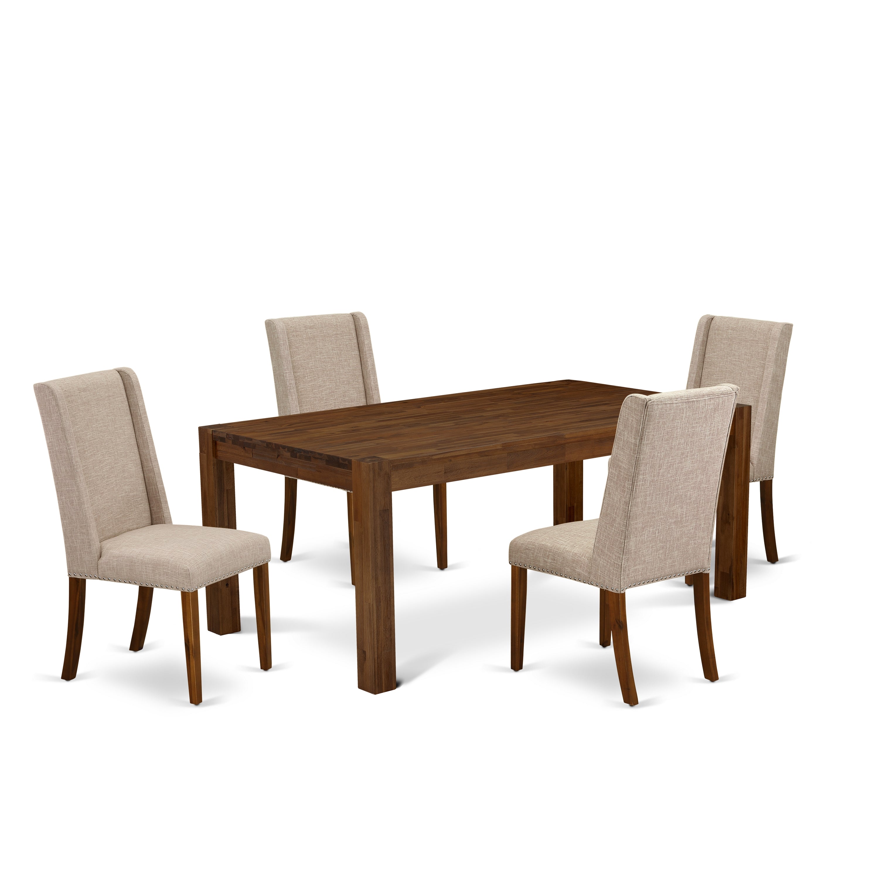 Juego de comedor de 5 piezas East West Furniture LMFL5-N8-04 para 4 personas. Incluye una mesa de comedor rectangular de madera rústica y 4 sillas de comedor Parson de tela de lino color tostado claro.